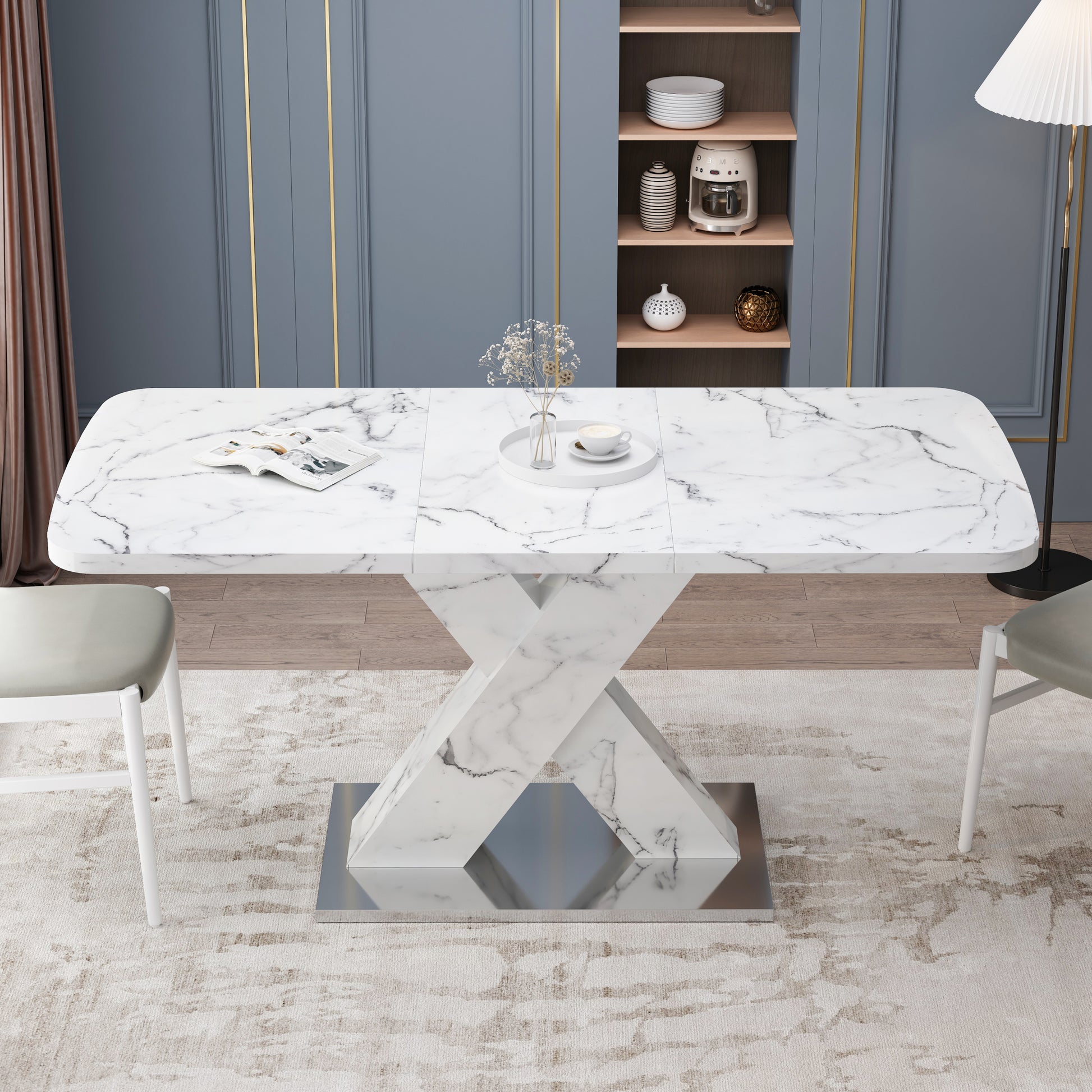 Modern Square Dining Table, Stretchable, With Printed White Marble Table Top Mdf X Shape Table Leg With Metal Base White Mdf Steel
