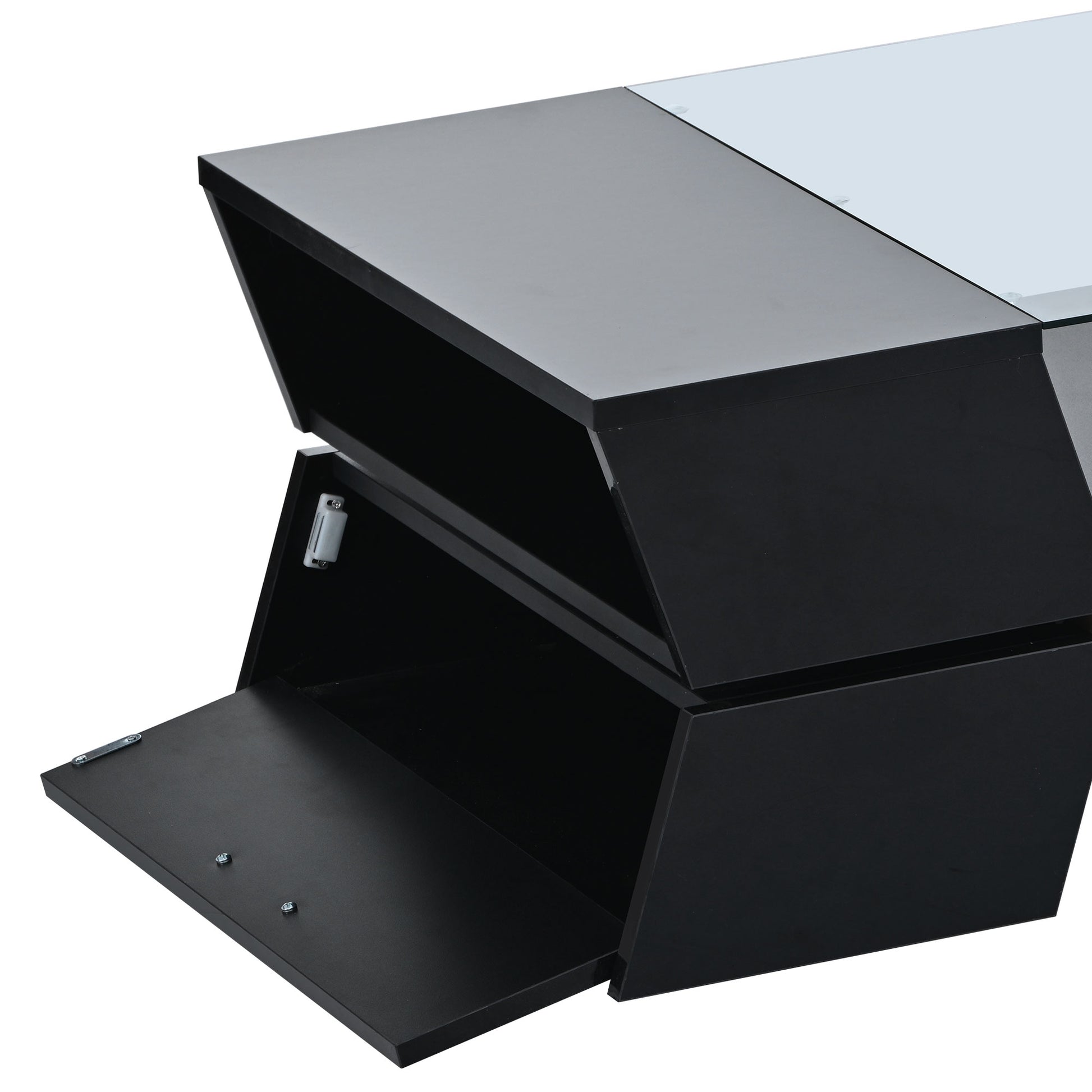 6Mm Glass Top Coffee Table With Open Shelves And Cabinets, Geometric Style Cocktail Table With Great Storage Capacity, Modernist 2 Tier Center Table For Living Room, Black Black Particle Board