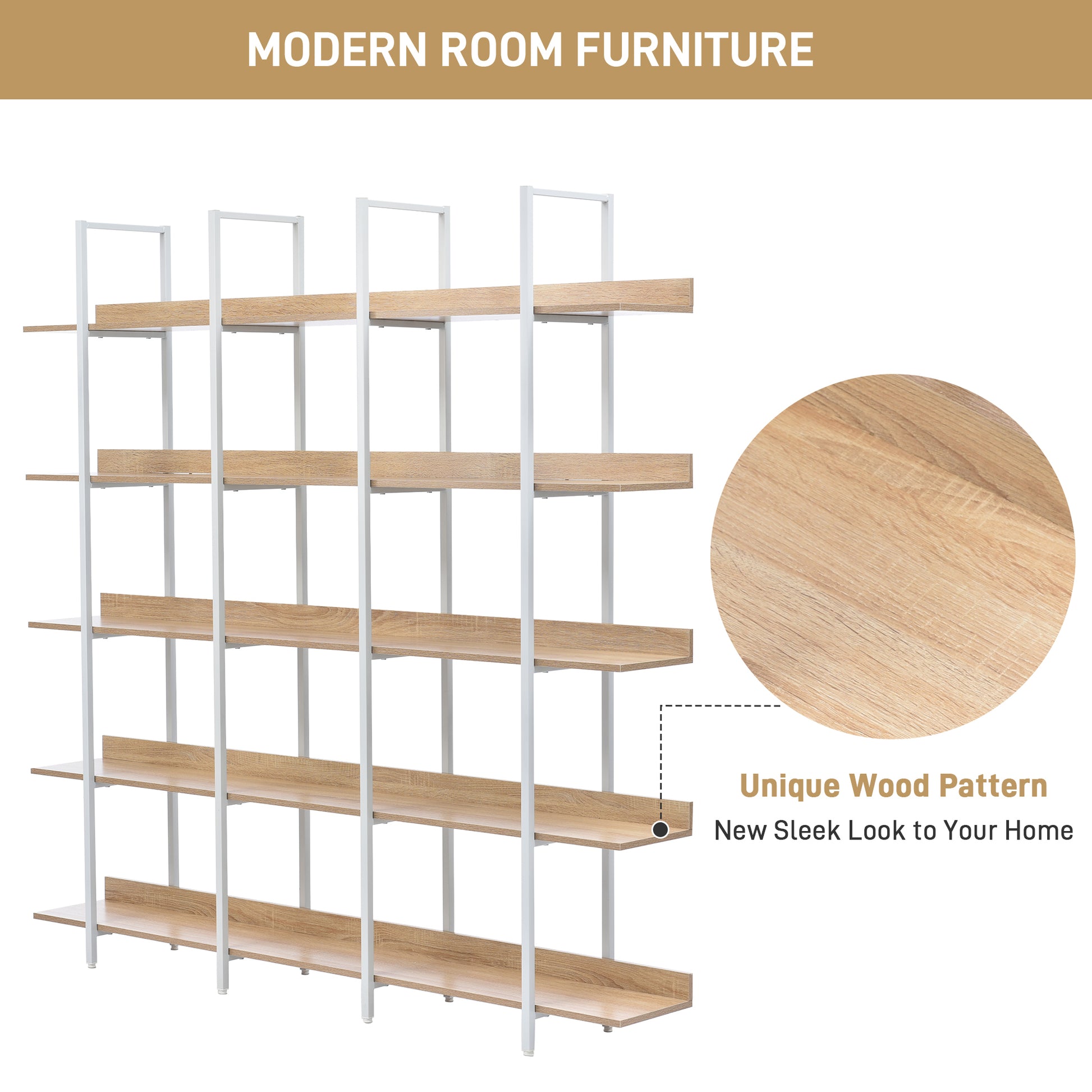 5 Tier Bookcase Home Office Open Bookshelf, Vintage Industrial Style Shelf, Mdf Board, White Metal Frame, Oak White Oak Mdf Steel