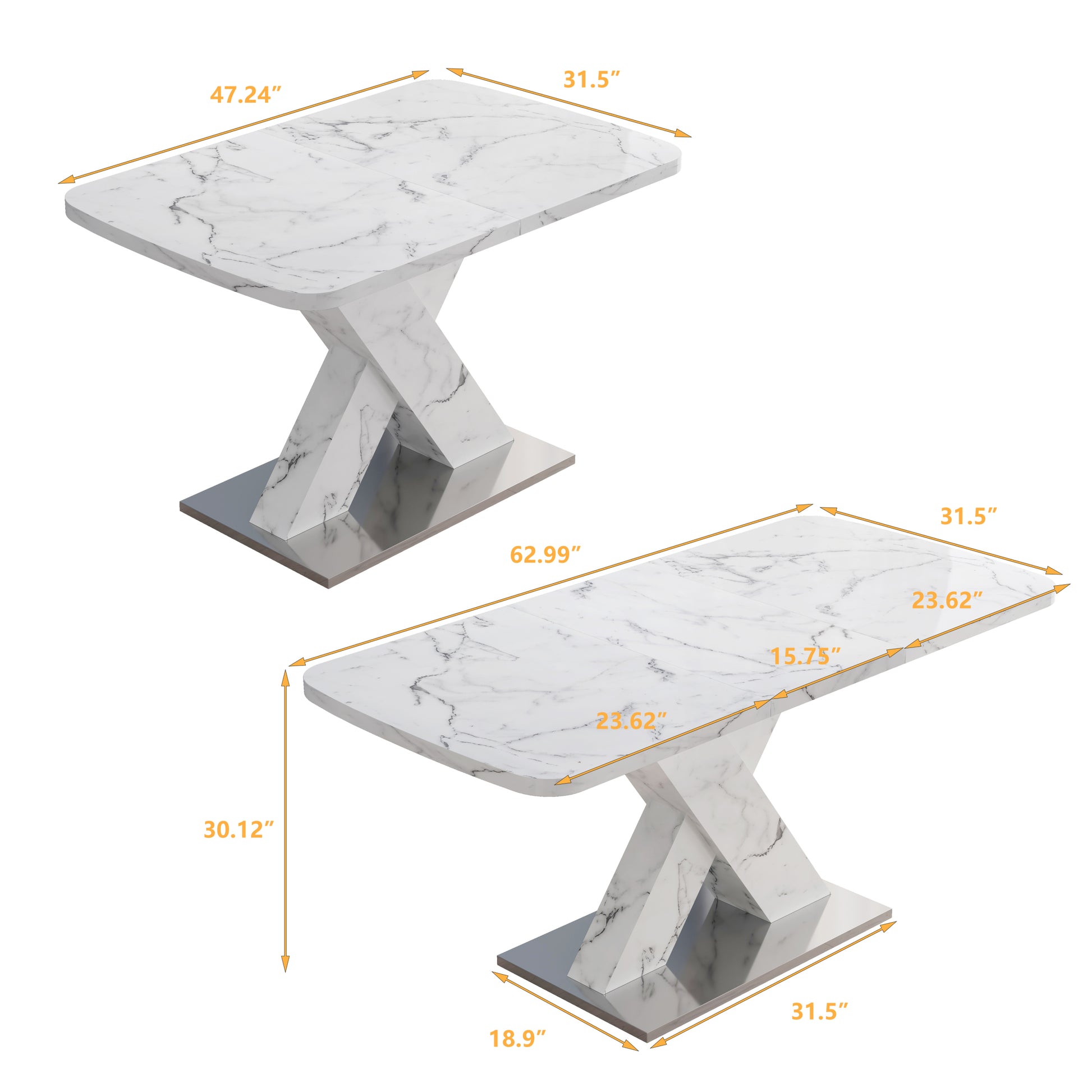 Modern Square Dining Table, Stretchable, With Printed White Marble Table Top Mdf X Shape Table Leg With Metal Base White Mdf Steel