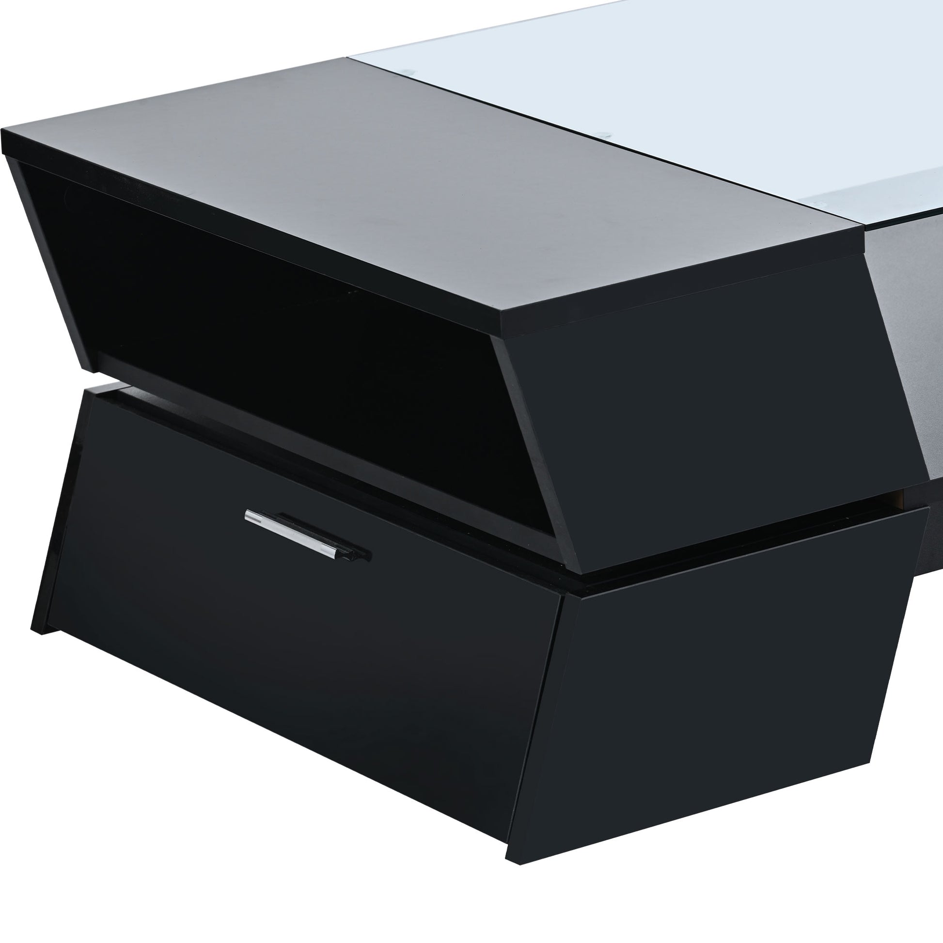 6Mm Glass Top Coffee Table With Open Shelves And Cabinets, Geometric Style Cocktail Table With Great Storage Capacity, Modernist 2 Tier Center Table For Living Room, Black Black Particle Board