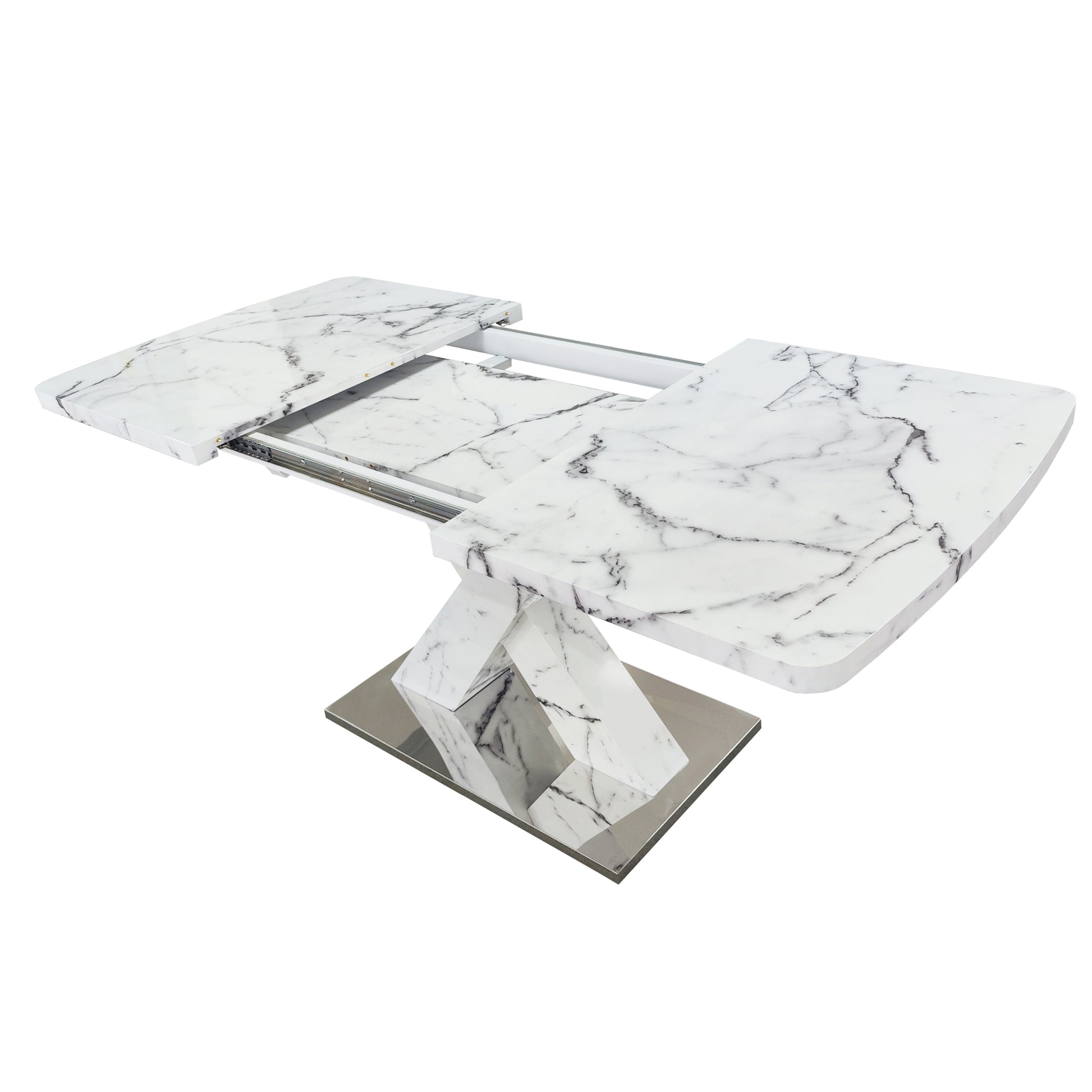 Modern Square Dining Table, Stretchable, With Printed White Marble Table Top Mdf X Shape Table Leg With Metal Base White Mdf Steel
