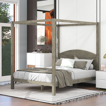 Queen Size Canopy Platform Bed With Headboard And Support Legs,Brown Wash Brown Pine