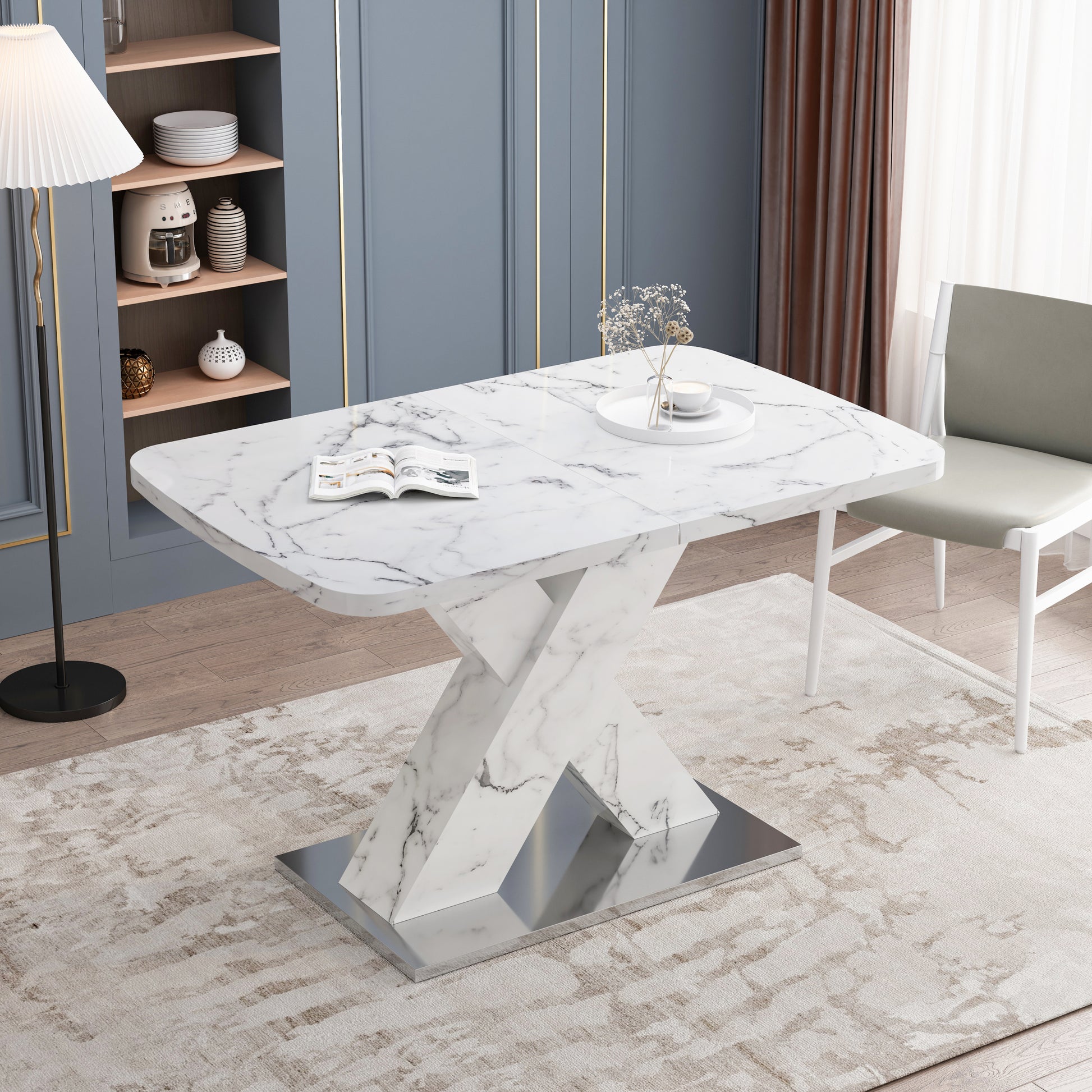 Modern Square Dining Table, Stretchable, With Printed White Marble Table Top Mdf X Shape Table Leg With Metal Base White Mdf Steel