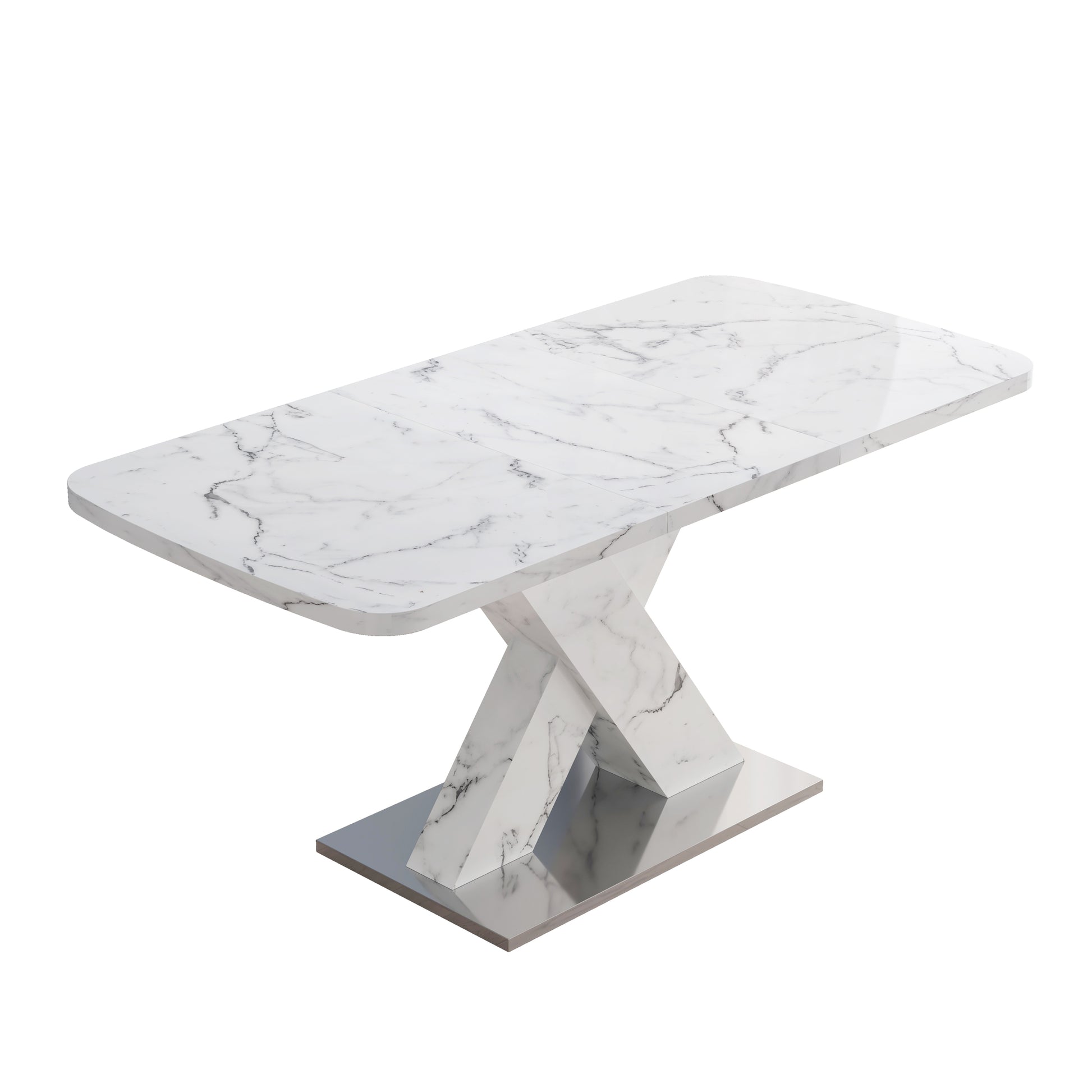Modern Square Dining Table, Stretchable, With Printed White Marble Table Top Mdf X Shape Table Leg With Metal Base White Mdf Steel