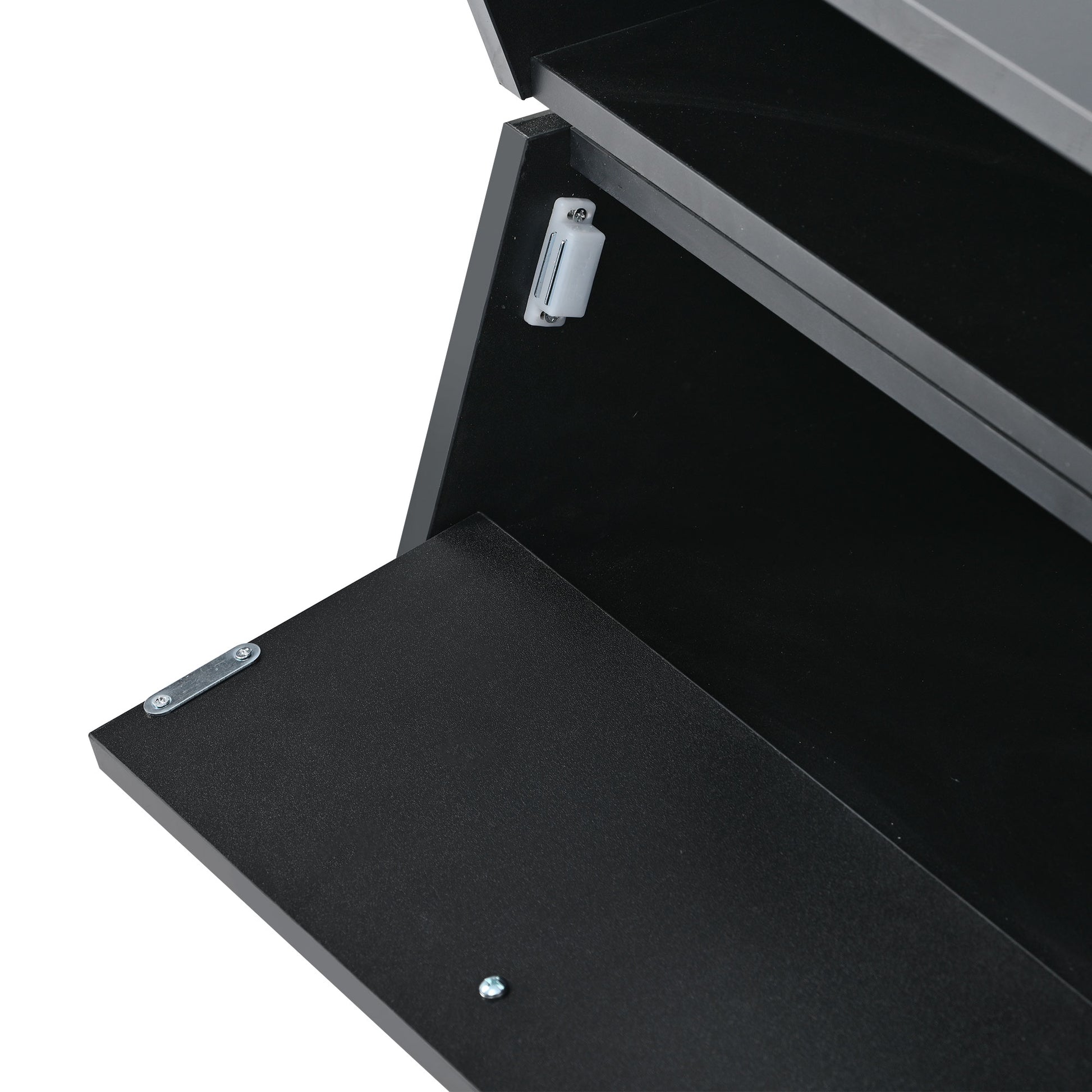 6Mm Glass Top Coffee Table With Open Shelves And Cabinets, Geometric Style Cocktail Table With Great Storage Capacity, Modernist 2 Tier Center Table For Living Room, Black Black Particle Board