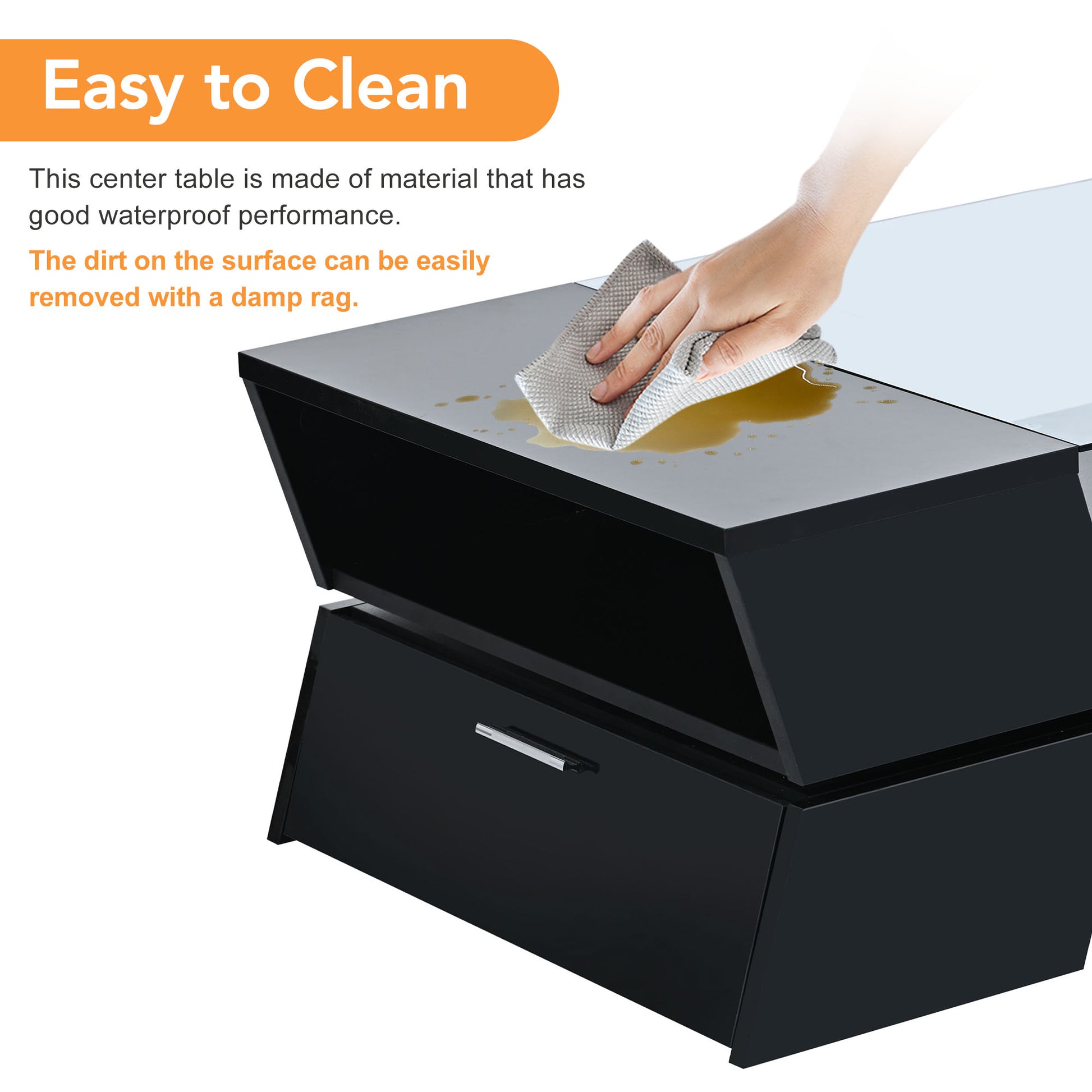 6Mm Glass Top Coffee Table With Open Shelves And Cabinets, Geometric Style Cocktail Table With Great Storage Capacity, Modernist 2 Tier Center Table For Living Room, Black Black Particle Board