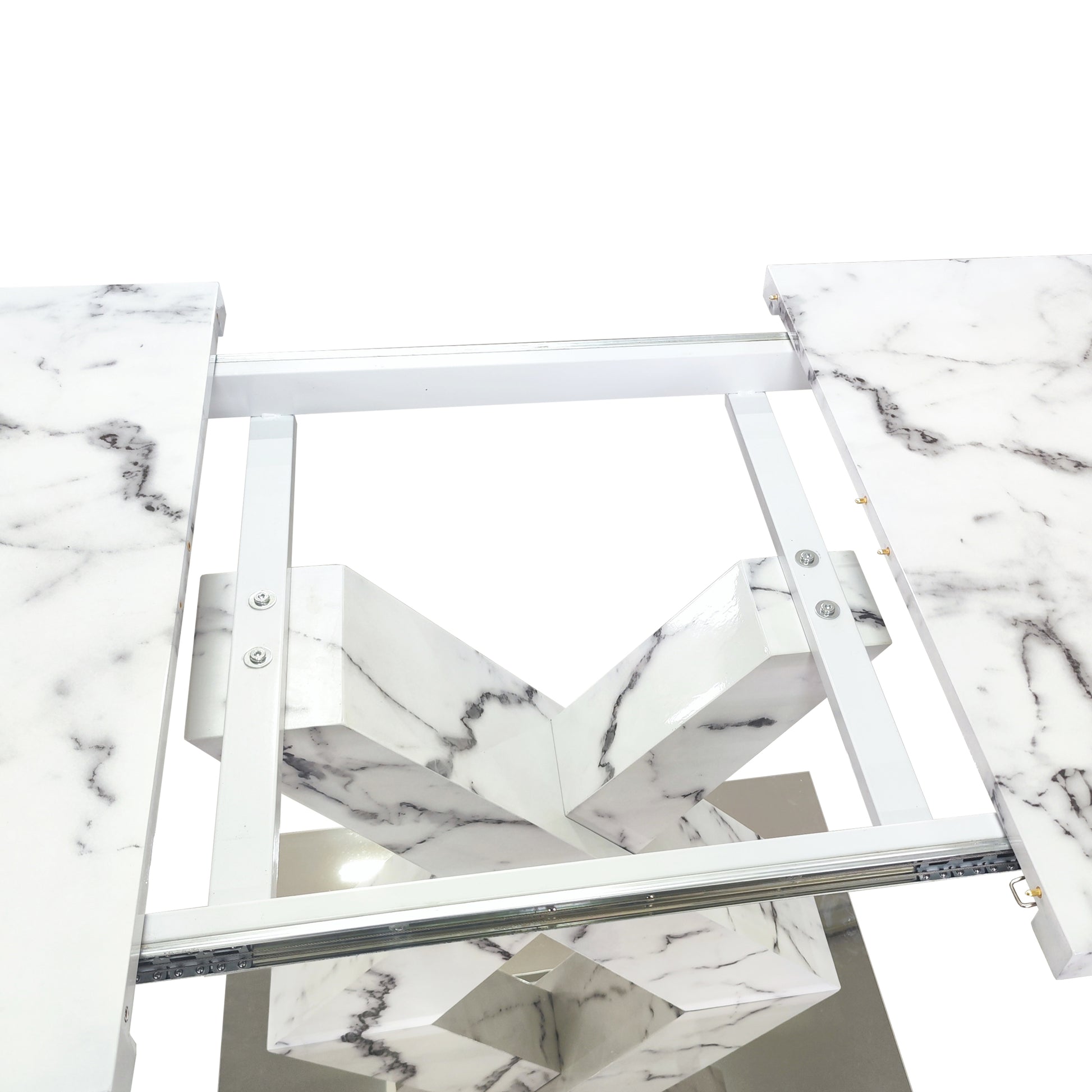 Modern Square Dining Table, Stretchable, With Printed White Marble Table Top Mdf X Shape Table Leg With Metal Base White Mdf Steel
