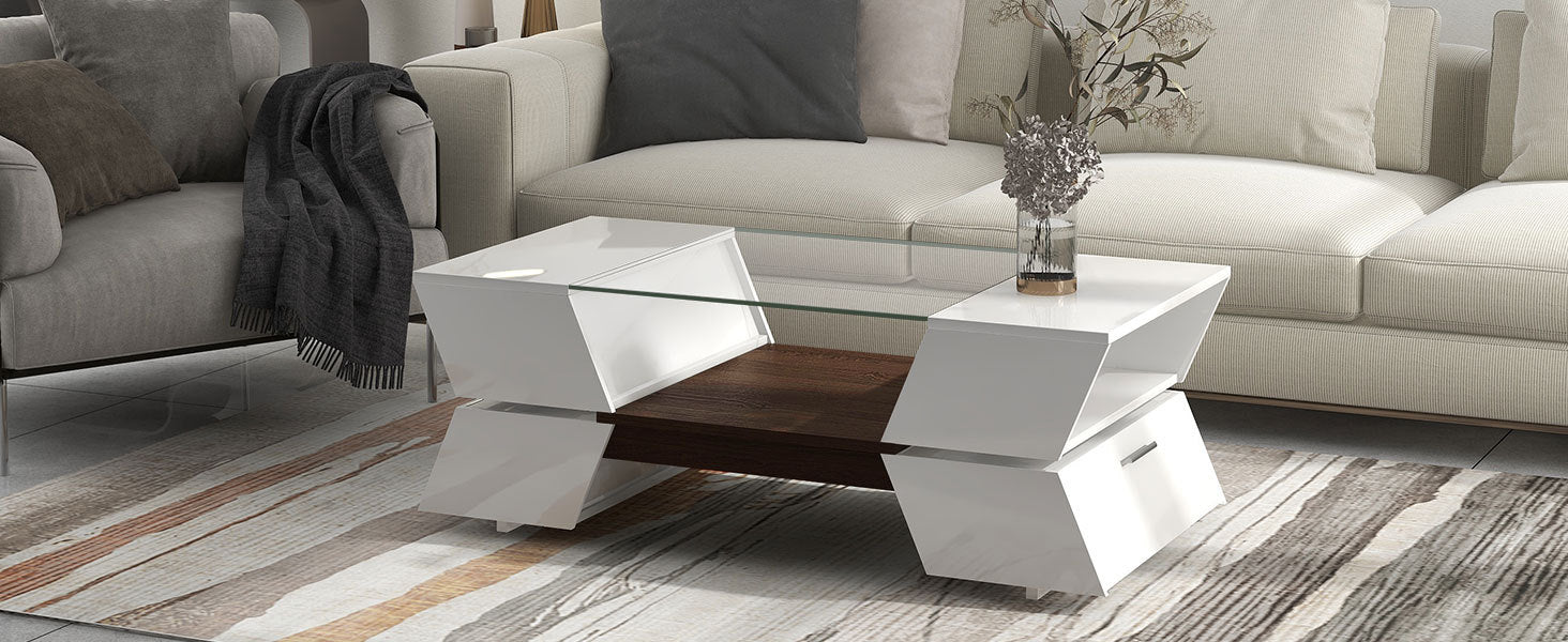6Mm Glass Top Coffee Table With Open Shelves And Cabinets, Geometric Style Cocktail Table With Great Storage Capacity, Modernist 2 Tier Center Table For Living Room, White White Particle Board