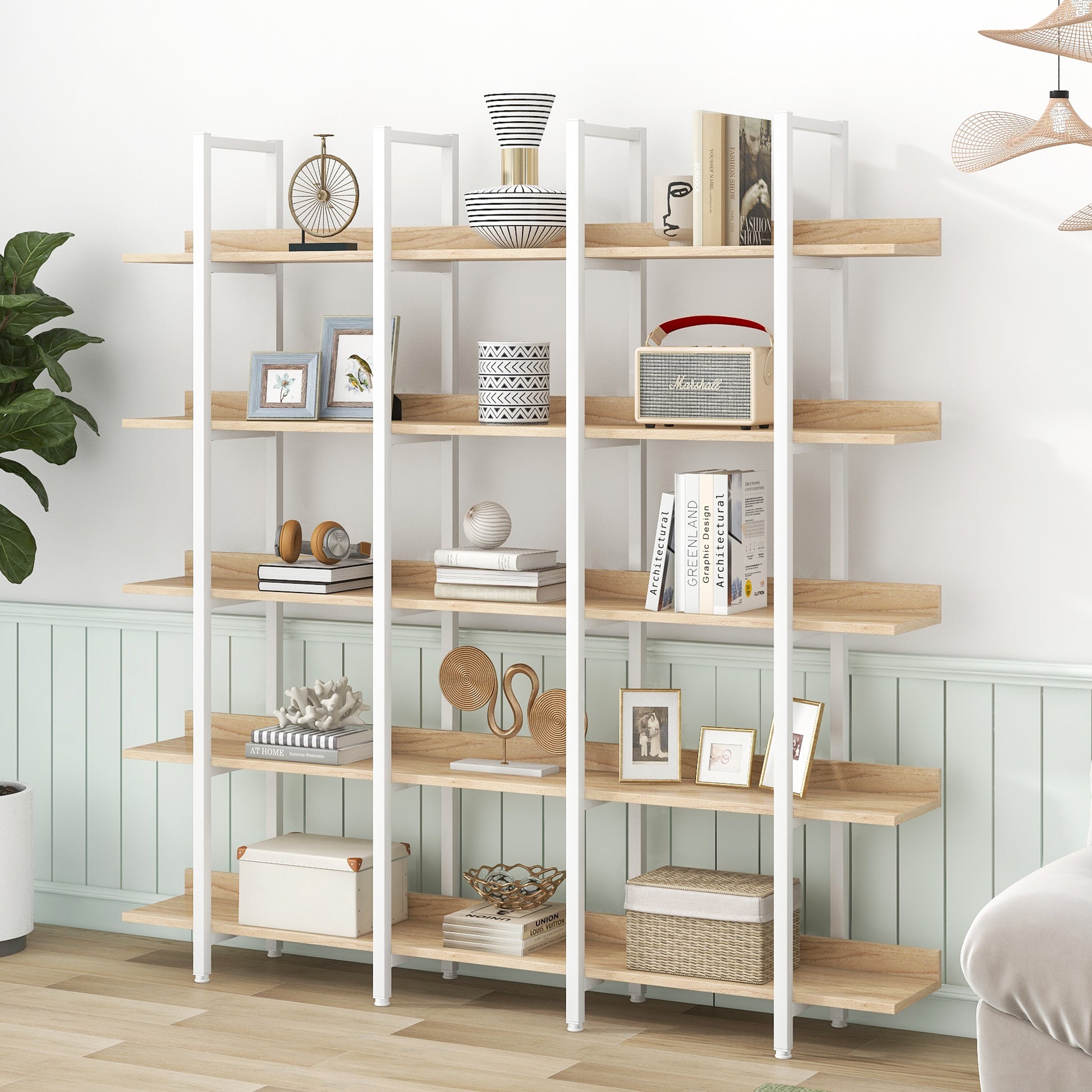 5 Tier Bookcase Home Office Open Bookshelf, Vintage Industrial Style Shelf, Mdf Board, White Metal Frame, Oak White Oak Mdf Steel