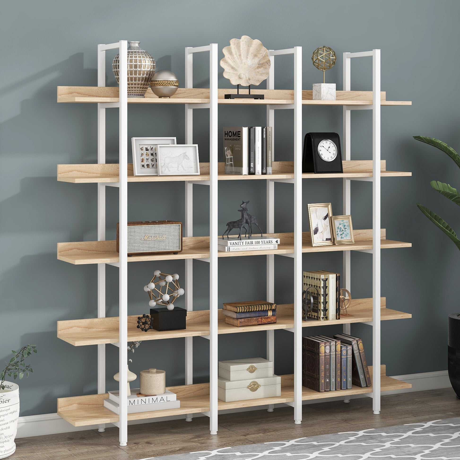 5 Tier Bookcase Home Office Open Bookshelf, Vintage Industrial Style Shelf, Mdf Board, White Metal Frame, Oak White Oak Mdf Steel