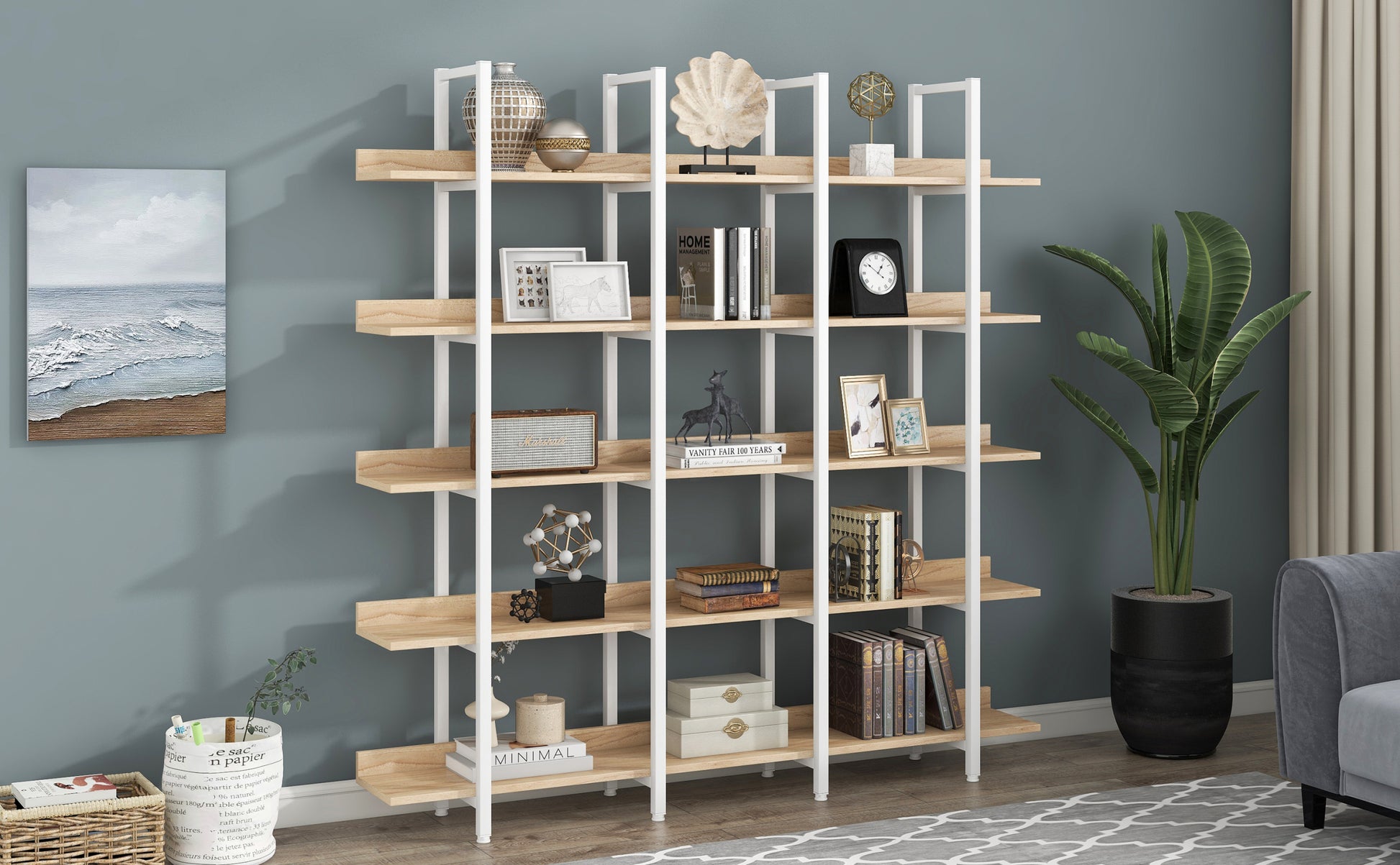 5 Tier Bookcase Home Office Open Bookshelf, Vintage Industrial Style Shelf, Mdf Board, White Metal Frame, Oak White Oak Mdf Steel