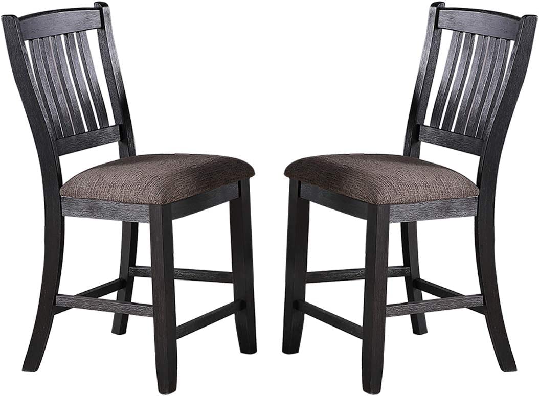 Transitional Dining Room 7Pc Set Dark Coffee Rubberwood Counter Height Dining Table W 2X Shelfs And 6X High Chairs Fabric Upholstered Seats Unique Back Counter Height Chairs Gray Wood Dining Room Solid Wood Rubberwood Rectangular Dining Table With Chair