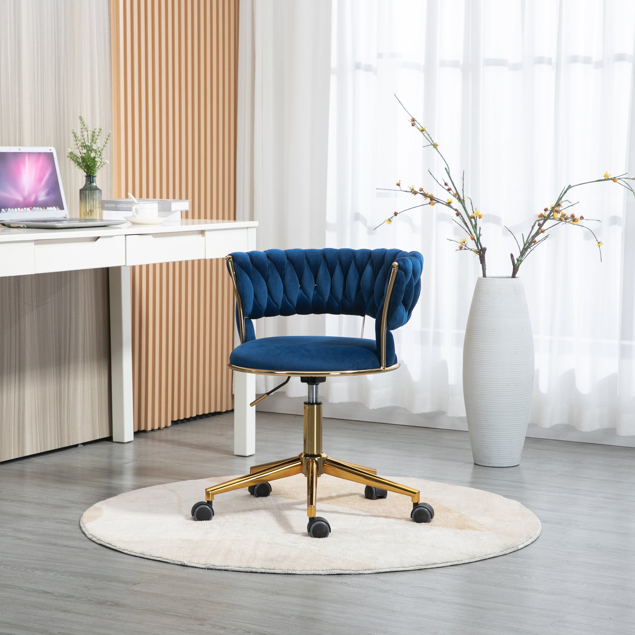 Coolmore Home Office Desk Chair, Vanity Chair, Modern Adjustable Home Computer Executive Chair Swivel Task Chair For Small Space, Living Room, Make Up, Studying Navy Polyester