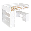 Full Size Loft Bed With Ladder, Shelves, And Desk, White White Solid Wood Mdf