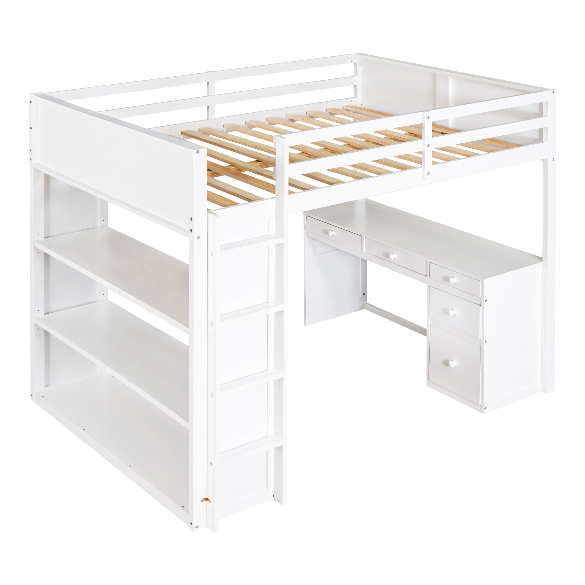 Full Size Loft Bed With Ladder, Shelves, And Desk, White White Solid Wood Mdf