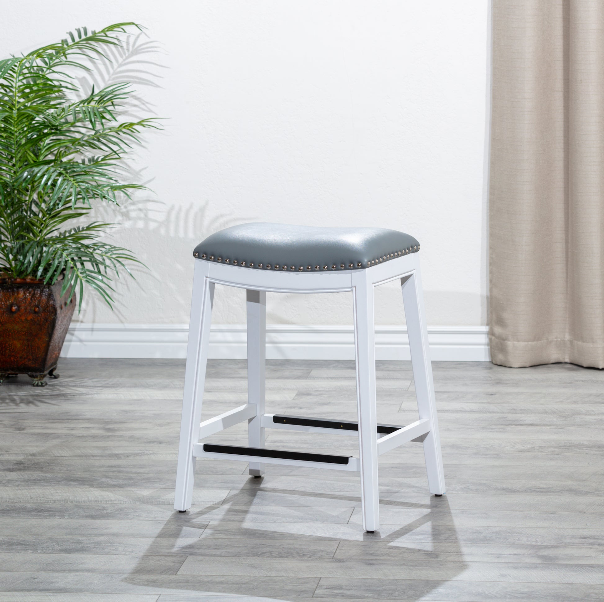 24" Counter Stool, White Finish, Gray Leather Seat White Bonded Leather