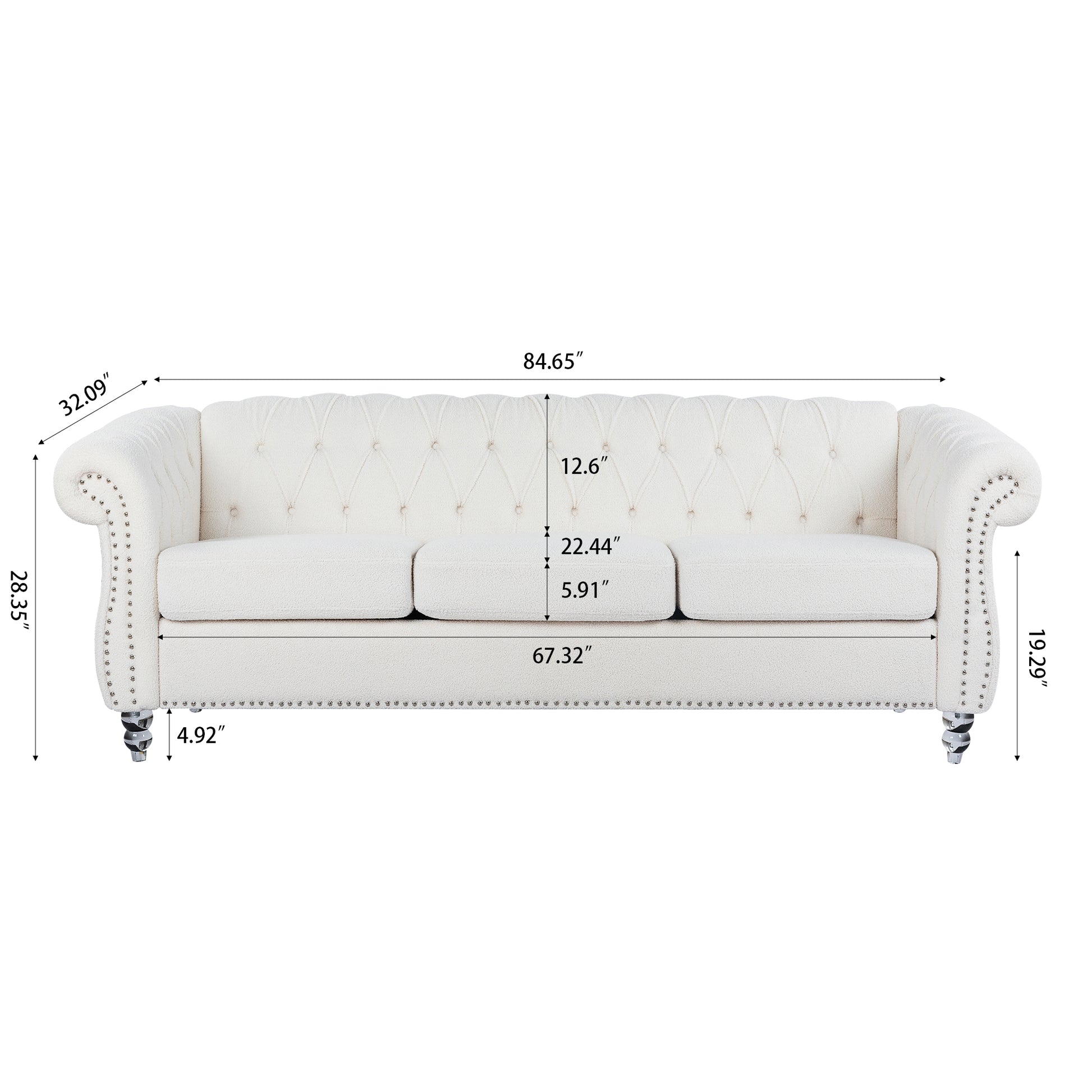 84.65" Rolled Arm Chesterfield 3 Seater Sofa White Polyester 3 Seat