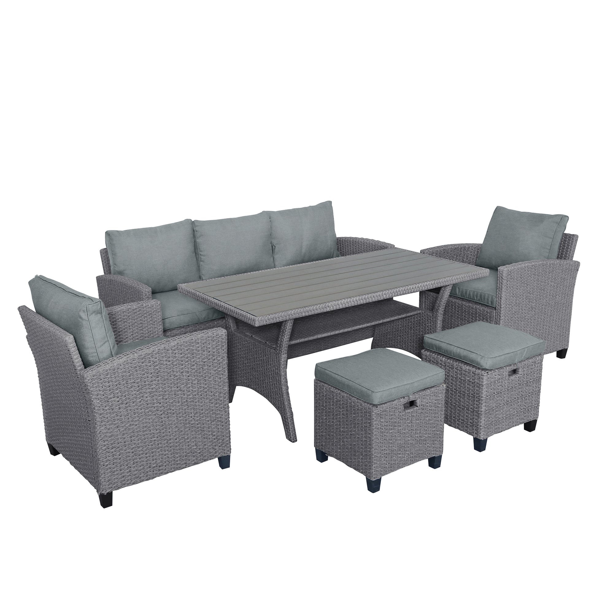 6 Piece Outdoor Rattan Wicker Set Patio Garden Backyard Sofa, Chair, Stools And Table Gray Rattan Gray Cushion Yes Complete Patio Set Grey Weather Resistant Frame Bedroom Casual Complete Patio Sets Foam Rattan