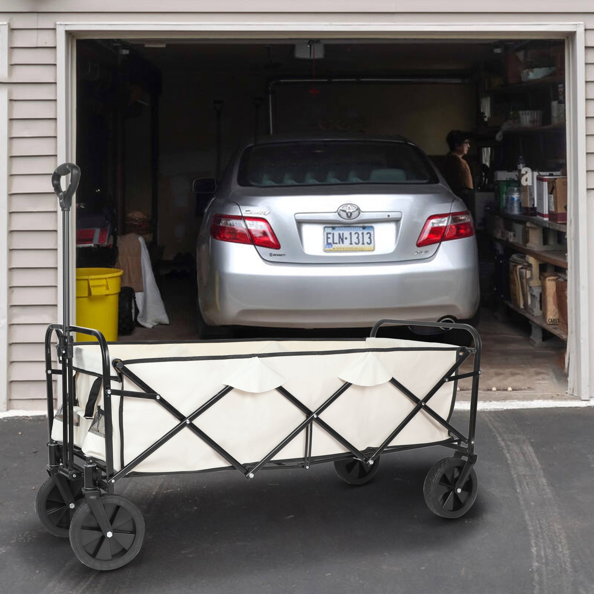 Yssoa Extended Folding Utility Wagon, 330Lbs Heavy Loaded Collapsible Garden Cart With Anti Slip Wheels, Adjustable Handle And Side Pockets, Large, White, X Large White Aluminium Alloy