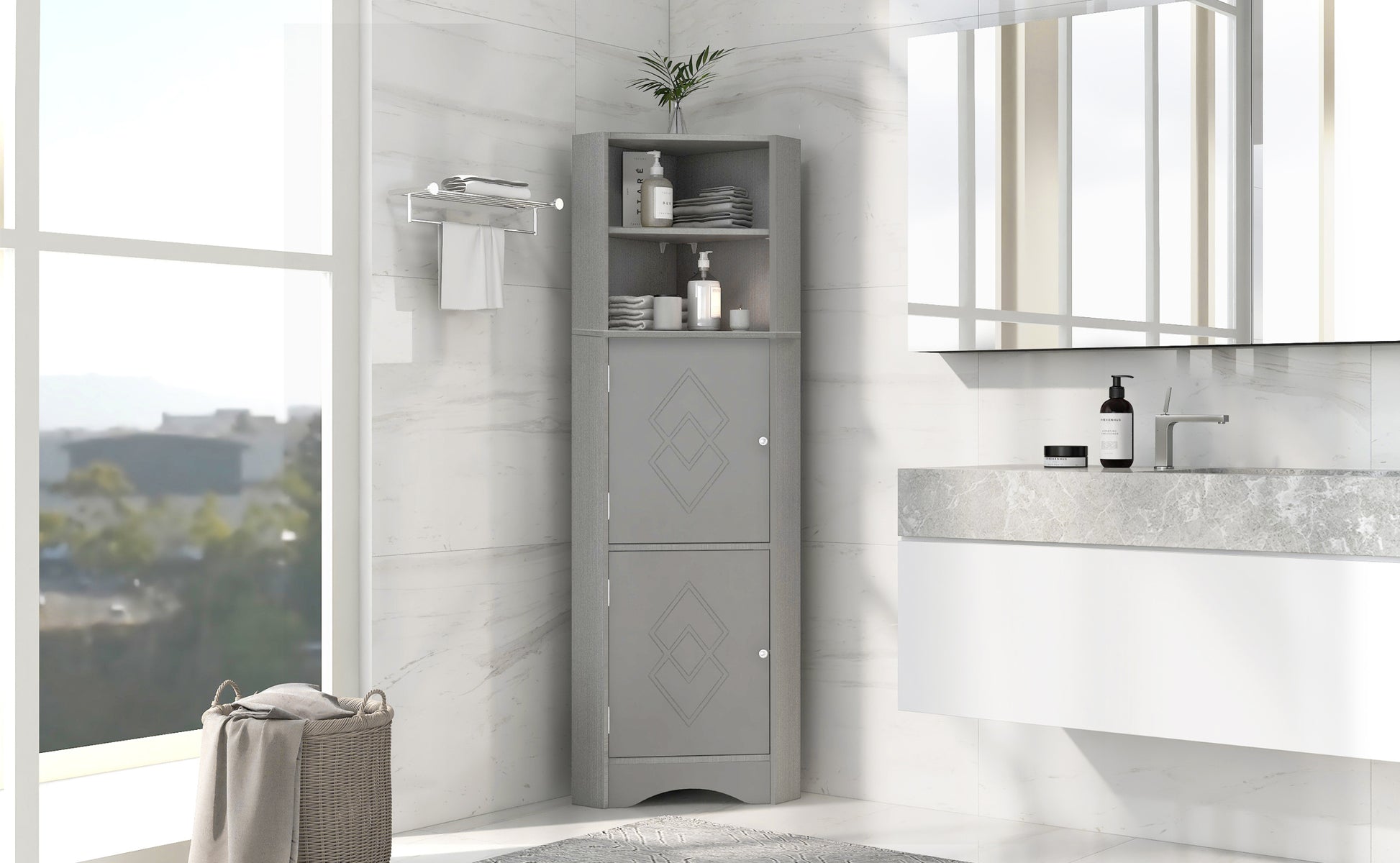 Tall Bathroom Corner Cabinet, Freestanding Storage Cabinet With Doors And Adjustable Shelves, Mdf Board, Gray Gray Mdf