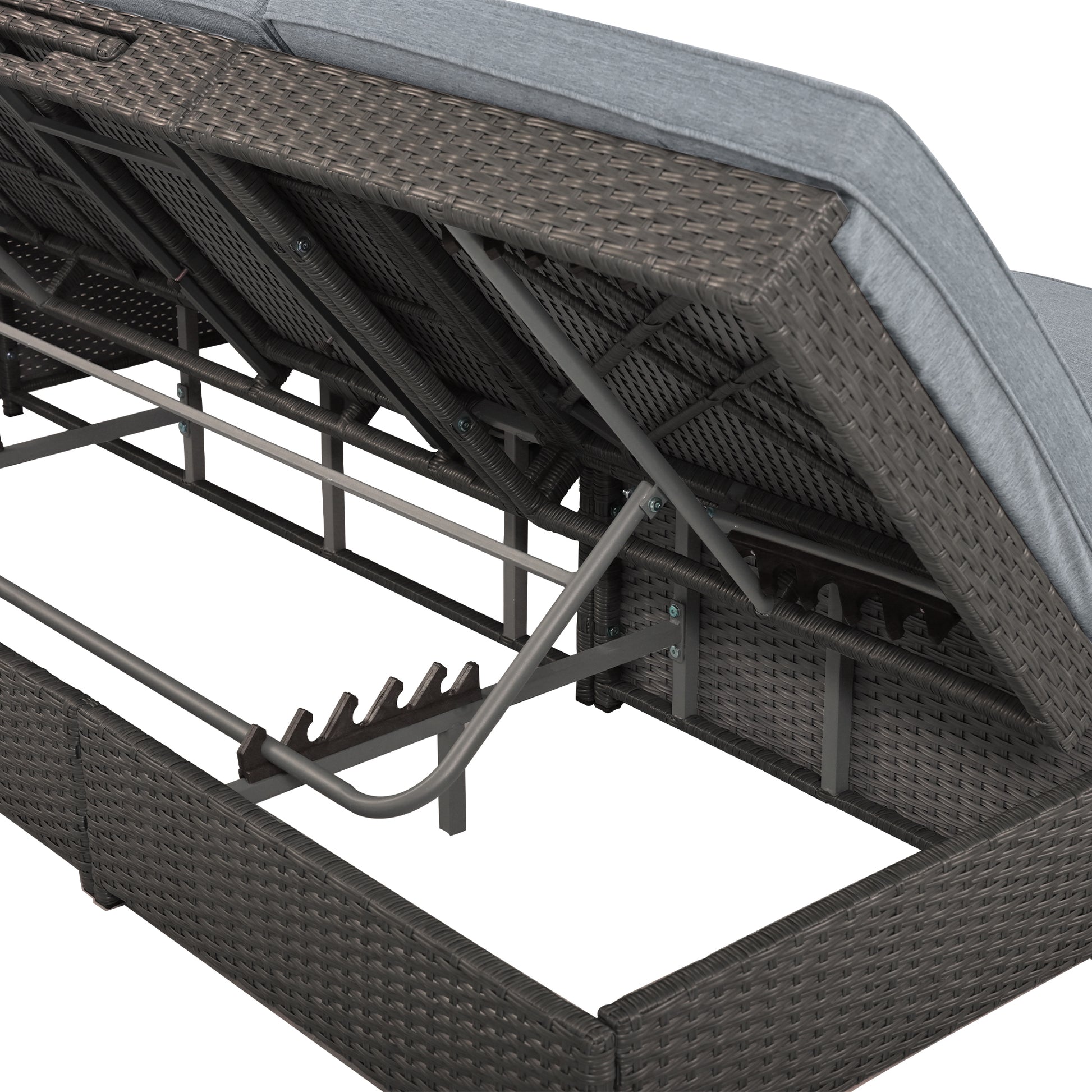 Outdoor Double Sunbed, Wicker Rattan Patio Reclining Chairs With Adjustable Backrest And Seat, Conversational Set For 2 Person, Gray Yes Complete Patio Set Gray Water Resistant Frame Water Resistant Cushion Garden & Outdoor Casual Sofa Seating Groups