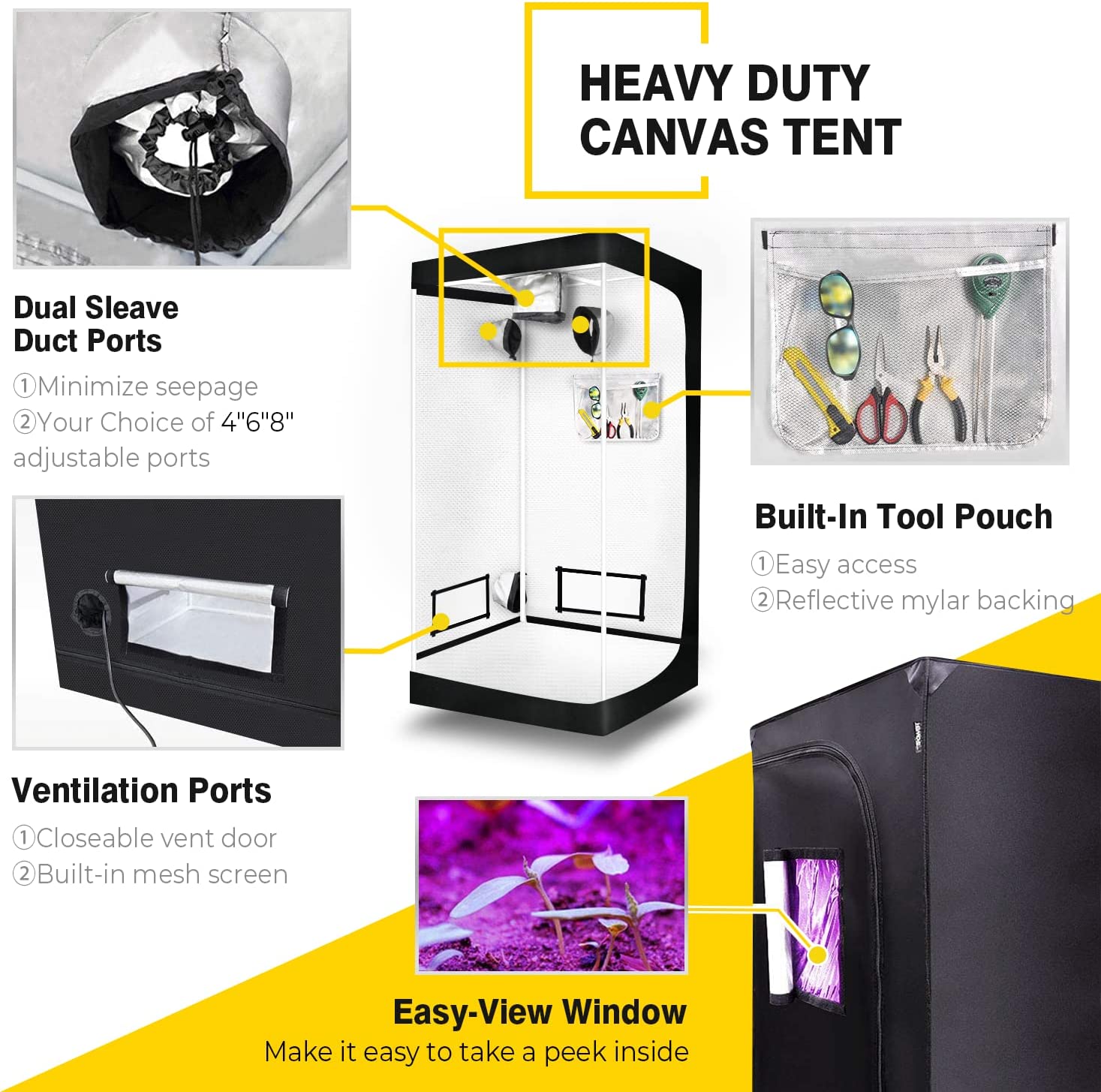 Ipower Gltentxs3 Grow Tent With Reflective Mylar 32" X 32" X 63" Indoor Hydroponic Water Resistant Complete System, Black Black Oxford Fabric