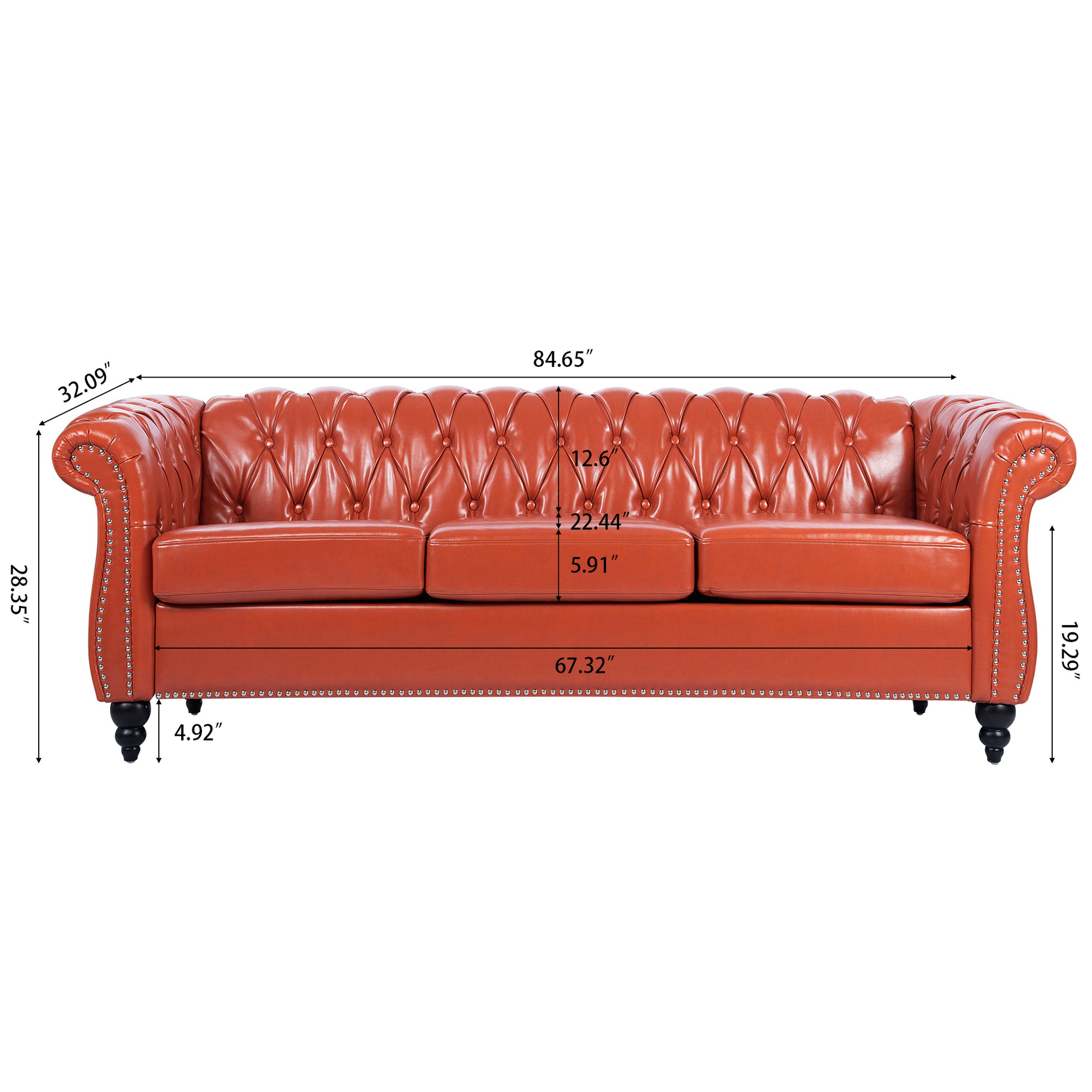84.65" Rolled Arm Chesterfield 3 Seater Sofa Orange Pu