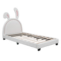 Twin Size Upholstered Leather Platform Bed With Rabbit Ornament, White White Pu Leather