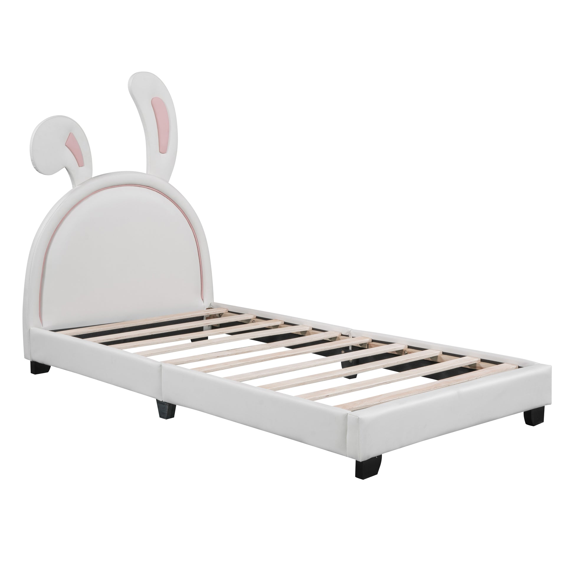 Twin Size Upholstered Leather Platform Bed With Rabbit Ornament, White White Pu Leather
