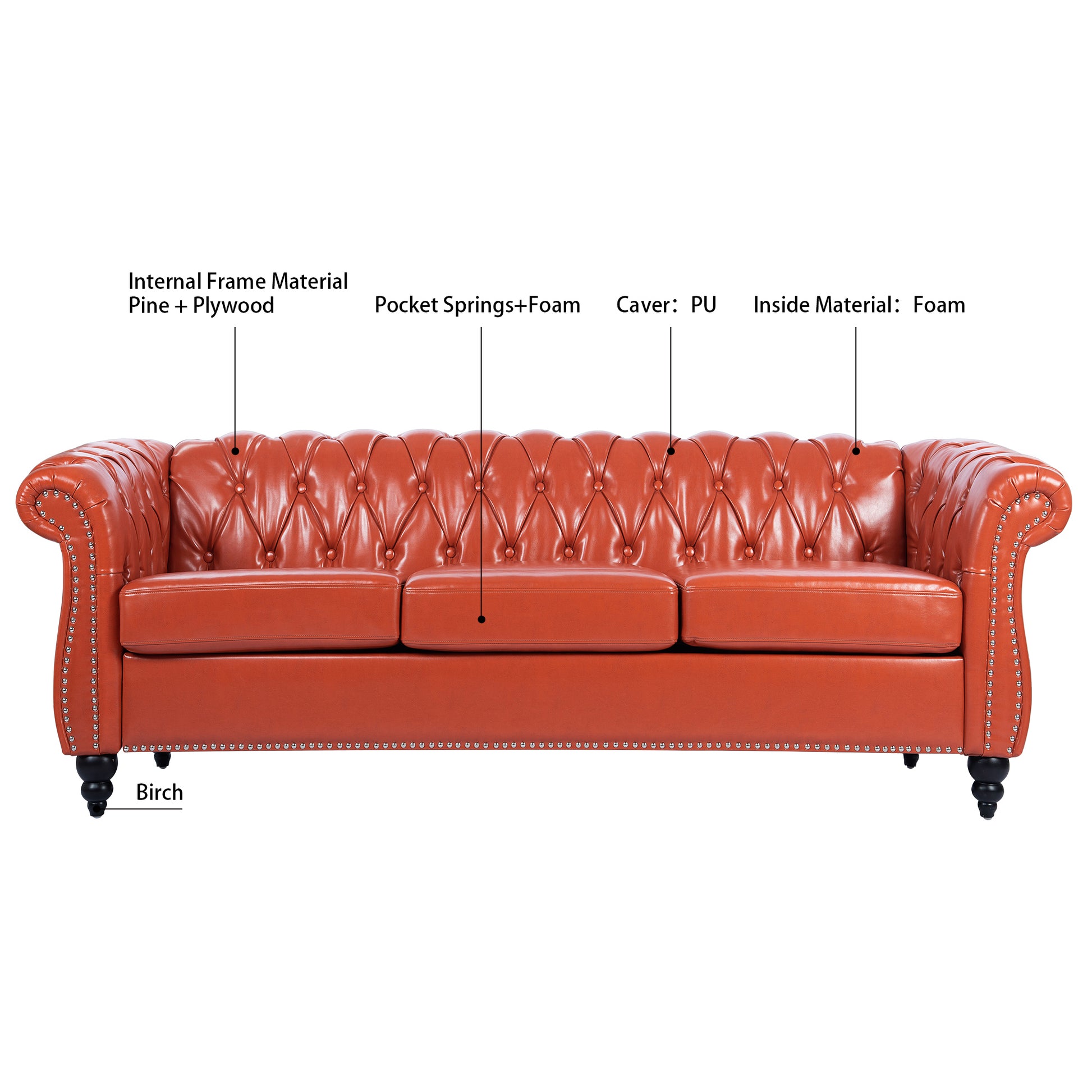 84.65" Rolled Arm Chesterfield 3 Seater Sofa Orange Pu