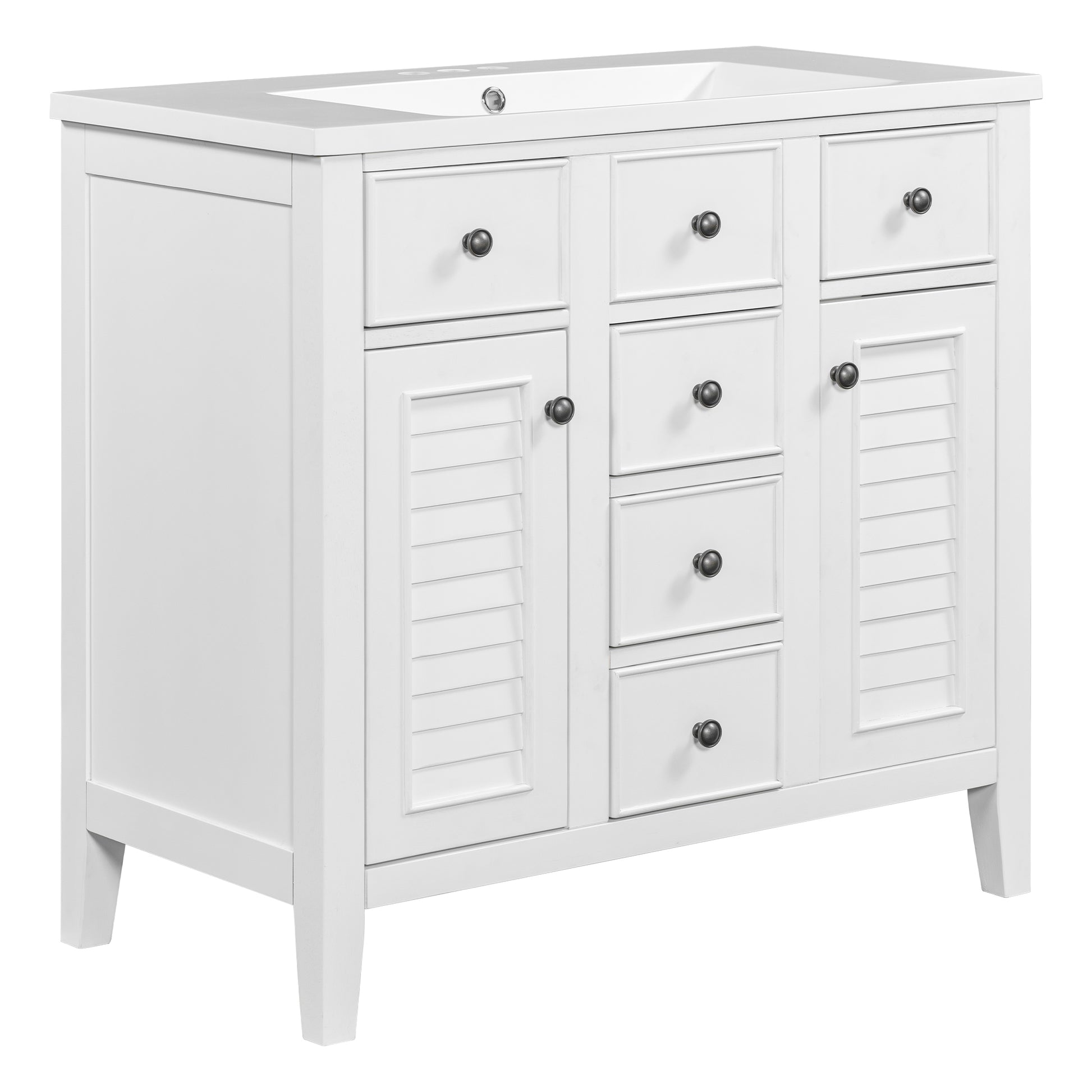 36" Bathroom Vanity With Ceramic Basin, Two Cabinets And Five Drawers, Solid Wood Frame, White Old Sku: Sy999202Aak 1 White Solid Wood Mdf