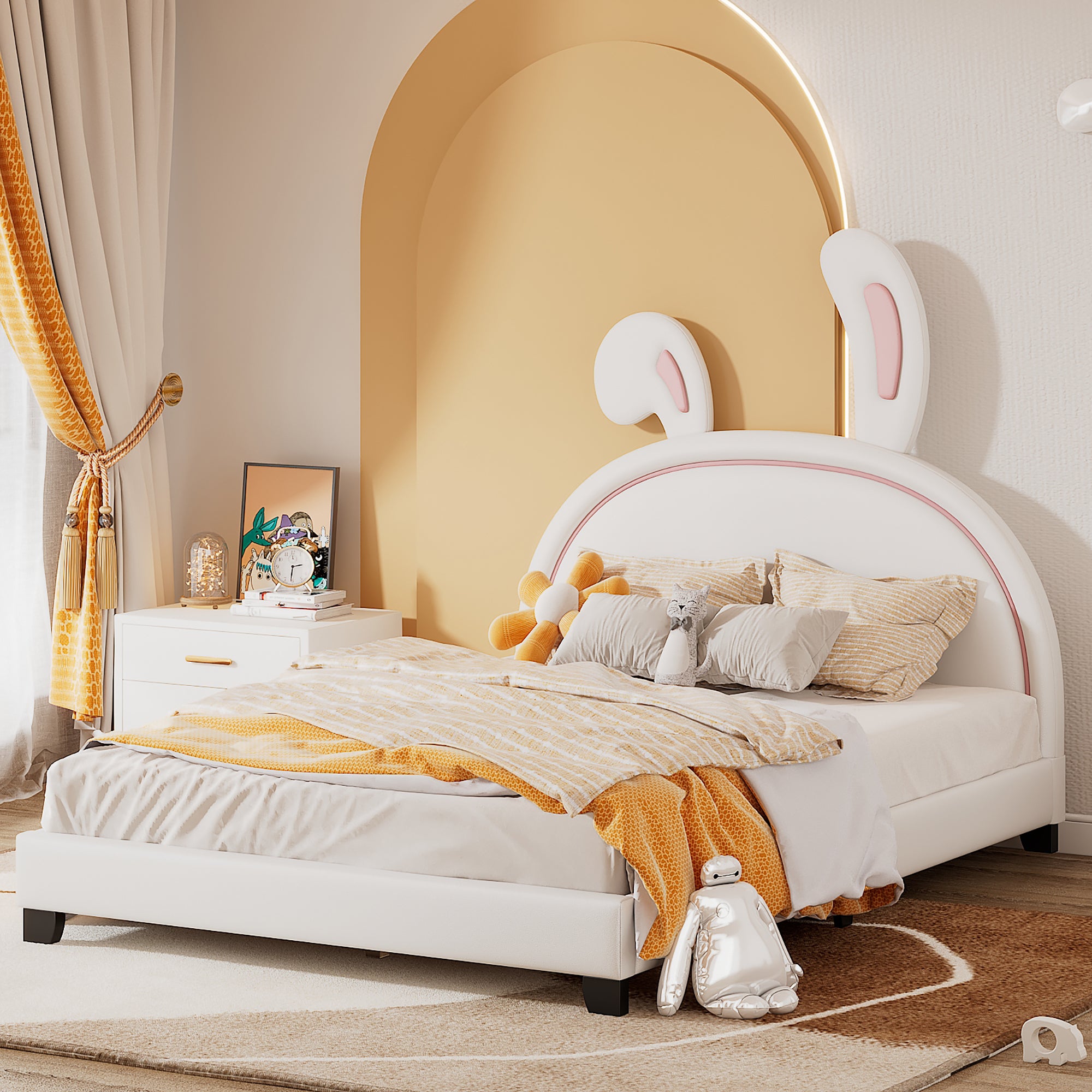 Full Size Upholstered Leather Platform Bed With Rabbit Ornament, White White Pu Leather