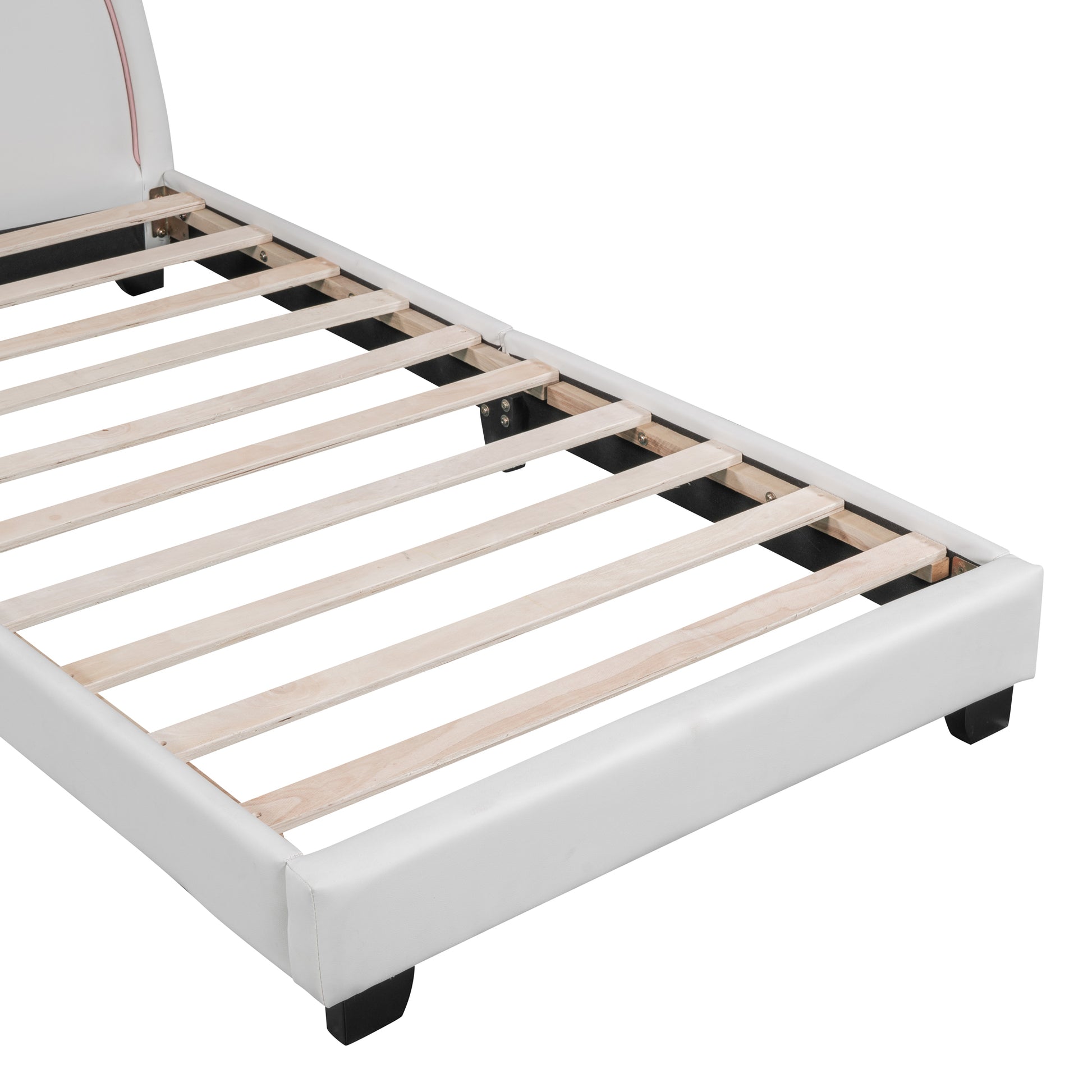 Twin Size Upholstered Leather Platform Bed With Rabbit Ornament, White White Pu Leather