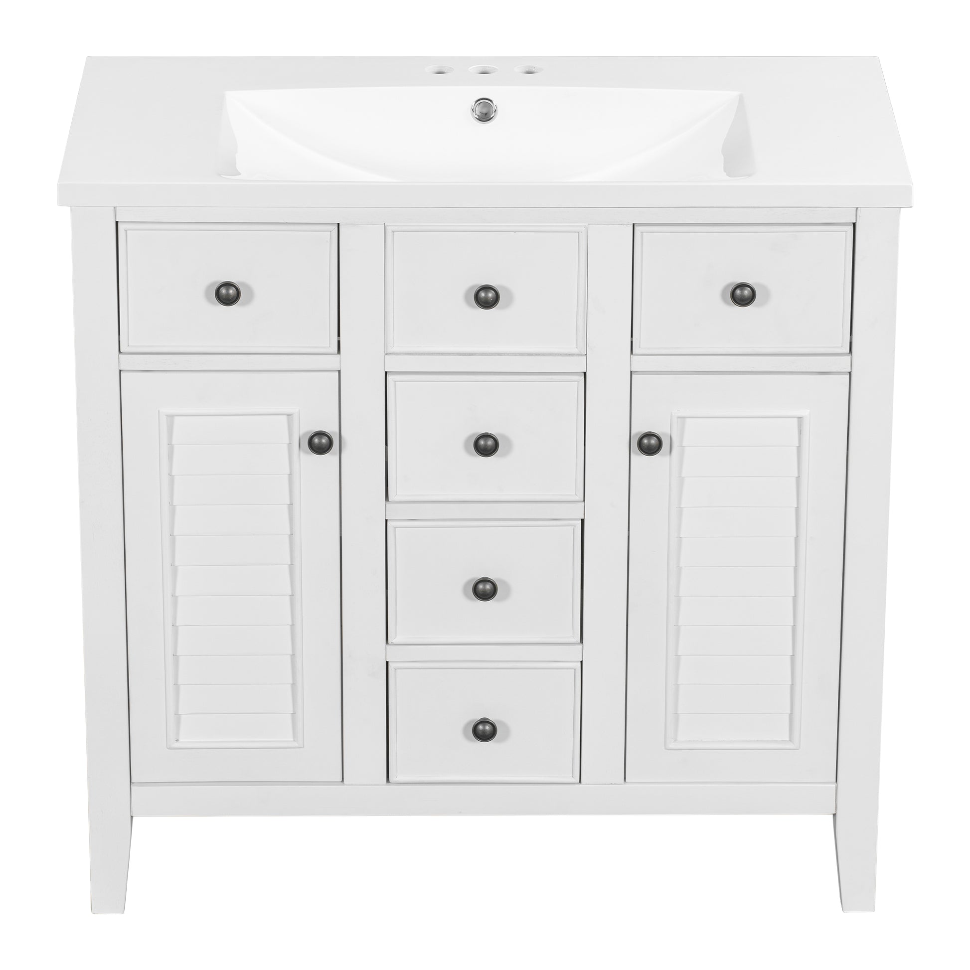 36" Bathroom Vanity With Ceramic Basin, Two Cabinets And Five Drawers, Solid Wood Frame, White Old Sku: Sy999202Aak 1 White Solid Wood Mdf
