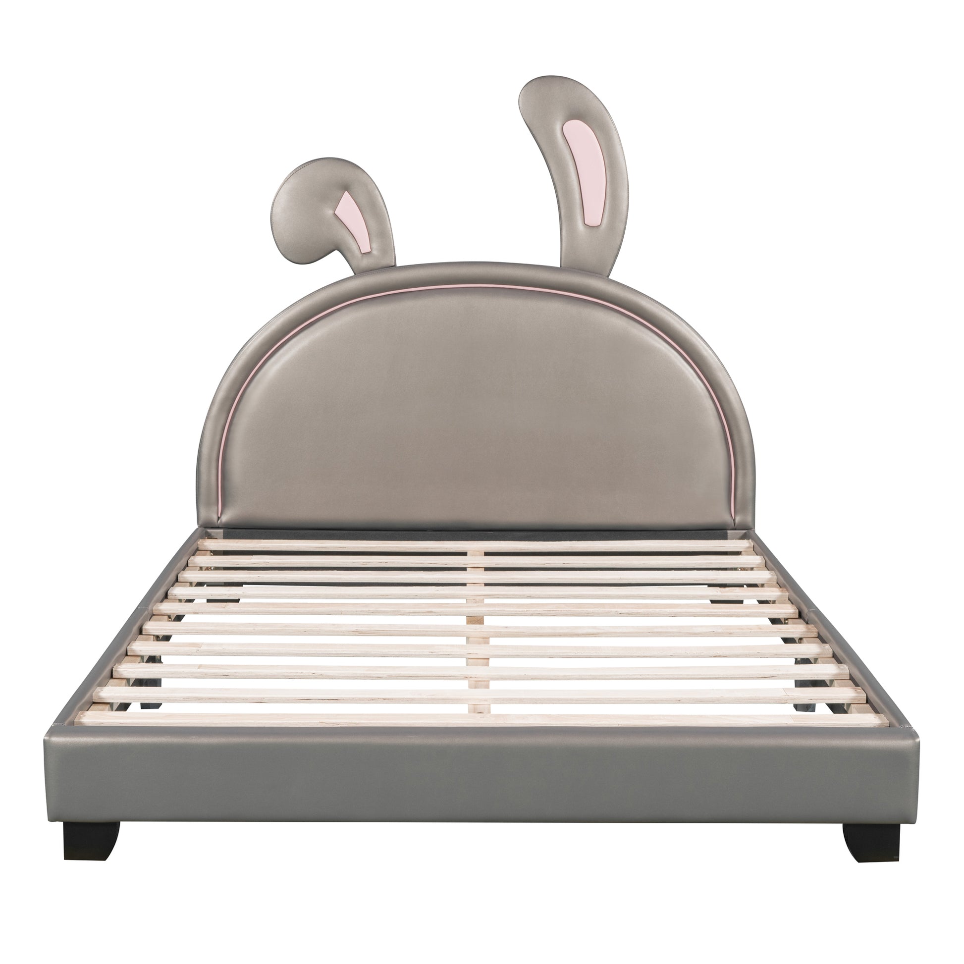 Full Size Upholstered Leather Platform Bed With Rabbit Ornament, Gray Gray Pu Leather