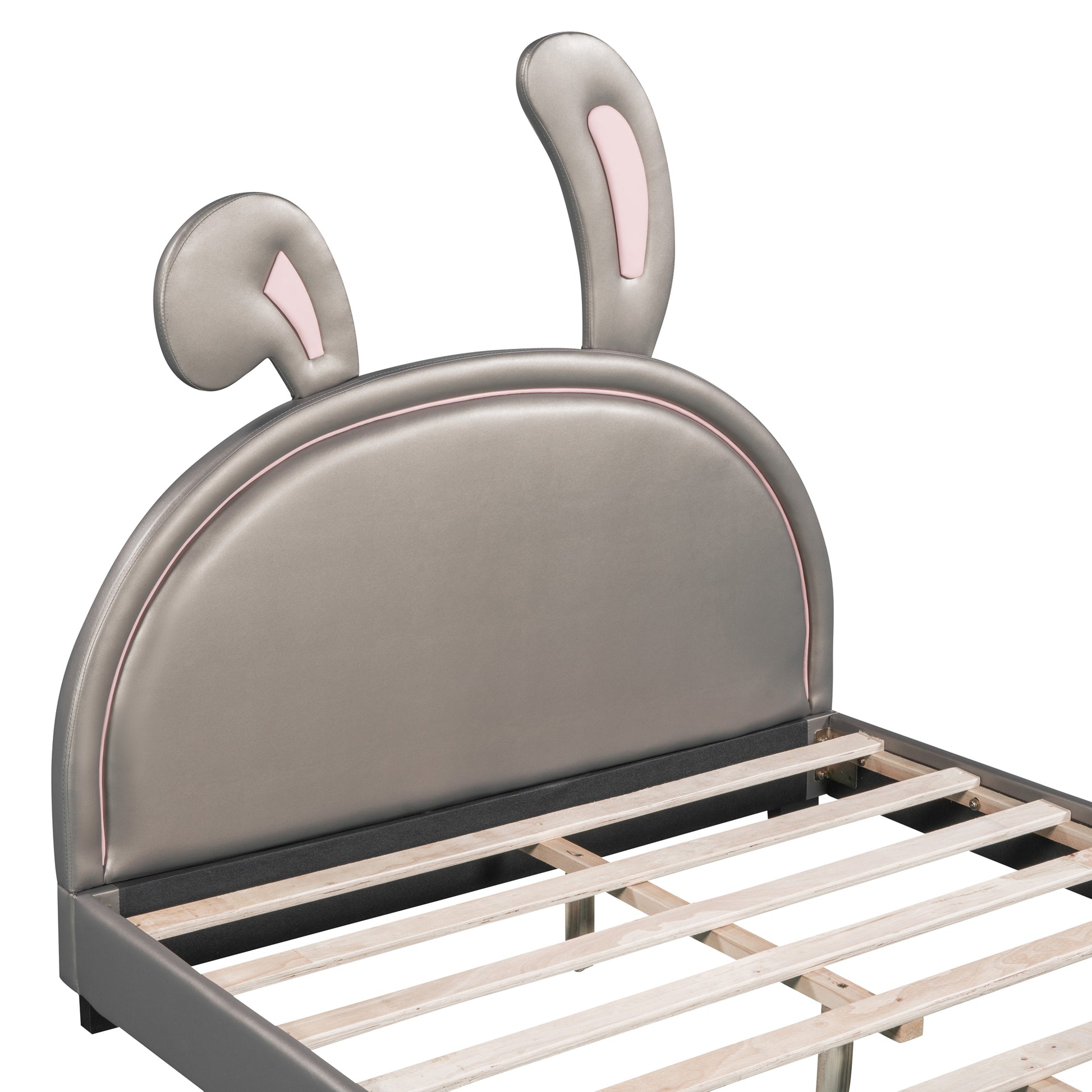 Full Size Upholstered Leather Platform Bed With Rabbit Ornament, Gray Gray Pu Leather