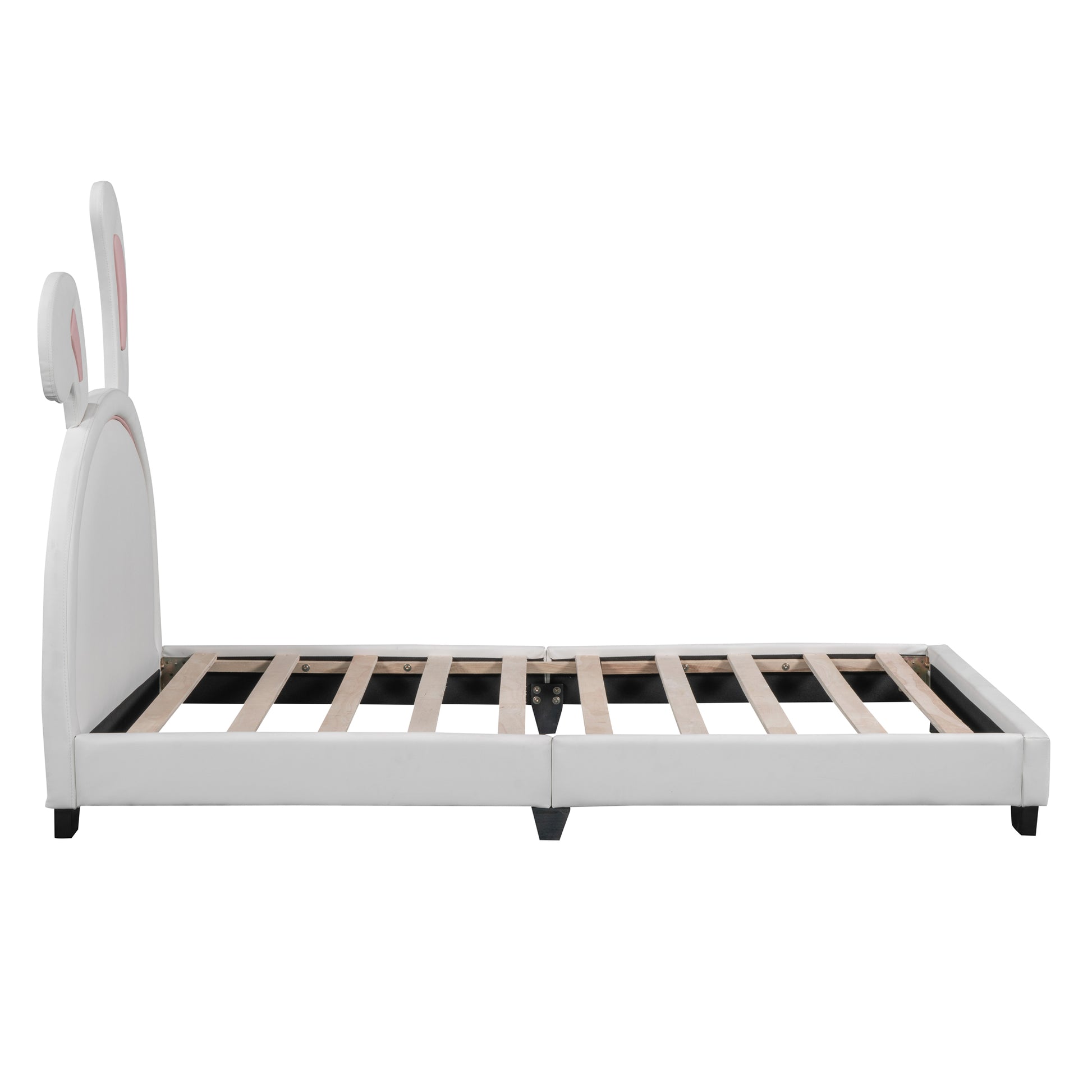 Twin Size Upholstered Leather Platform Bed With Rabbit Ornament, White White Pu Leather