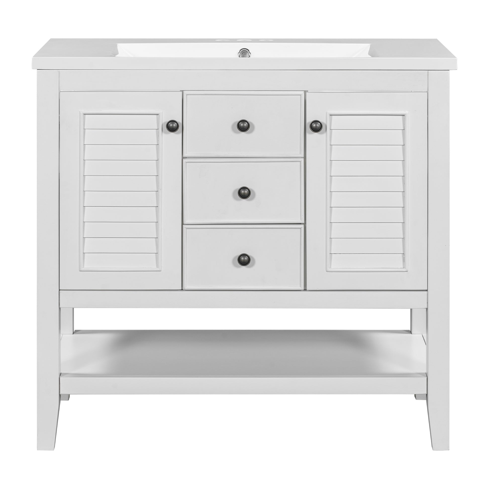 36" Bathroom Vanity With Ceramic Basin, Two Cabinets And Drawers, Open Shelf, Solid Wood Frame, White Old Sku: Sy999101Aak 1 White Solid Wood Mdf