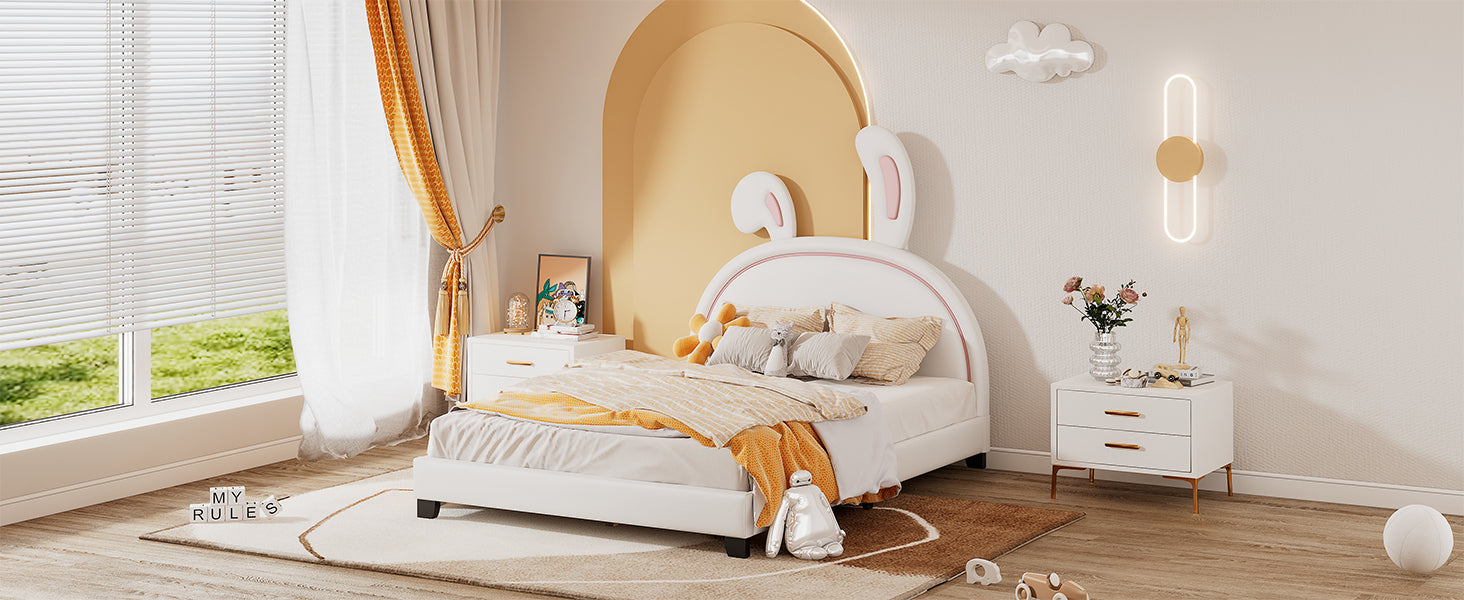 Full Size Upholstered Leather Platform Bed With Rabbit Ornament, White White Pu Leather
