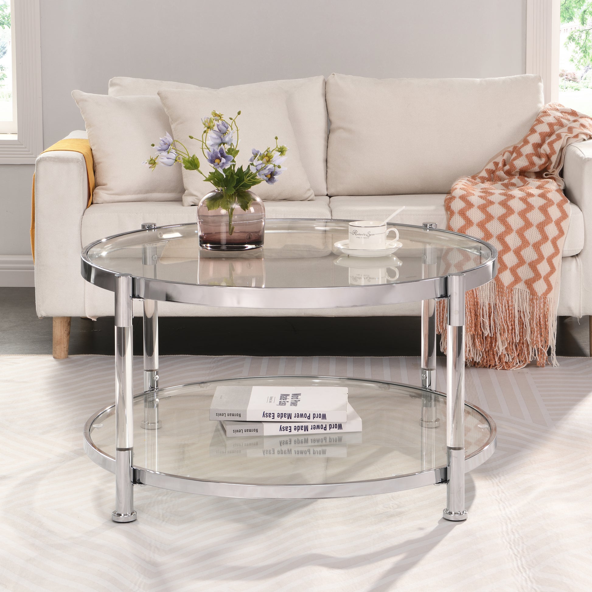 W82153572 Contemporary Acrylic Coffee Table, 32.3'' Round Tempered Glass Coffee Table, Chrome Silver Coffee Table For Living Room Chrome Glass Iron