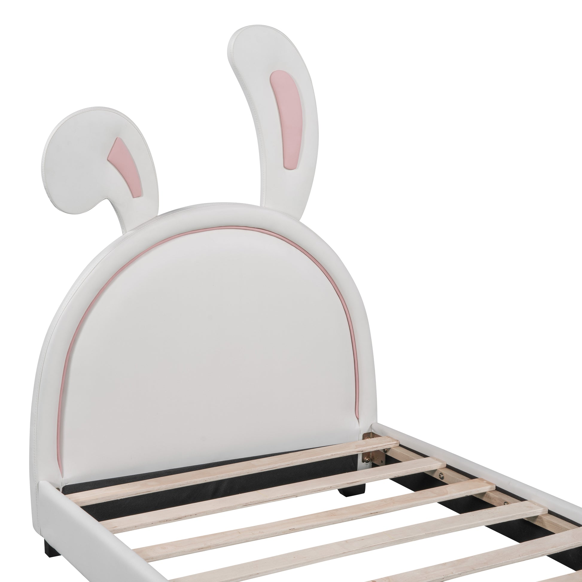 Twin Size Upholstered Leather Platform Bed With Rabbit Ornament, White White Pu Leather