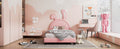 Twin Size Upholstered Leather Platform Bed With Rabbit Ornament, Pink Pink Pu Leather