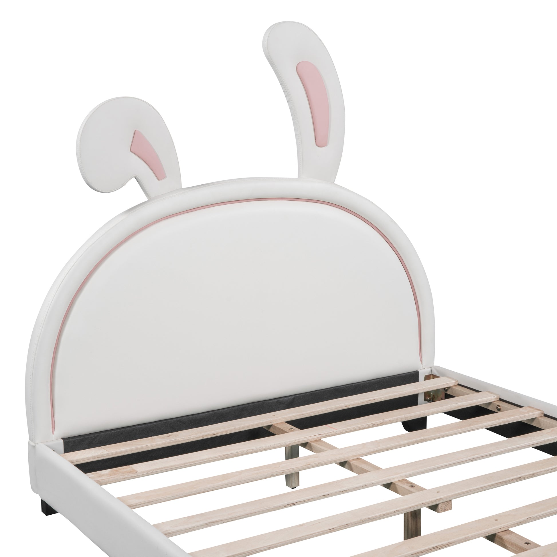 Full Size Upholstered Leather Platform Bed With Rabbit Ornament, White White Pu Leather