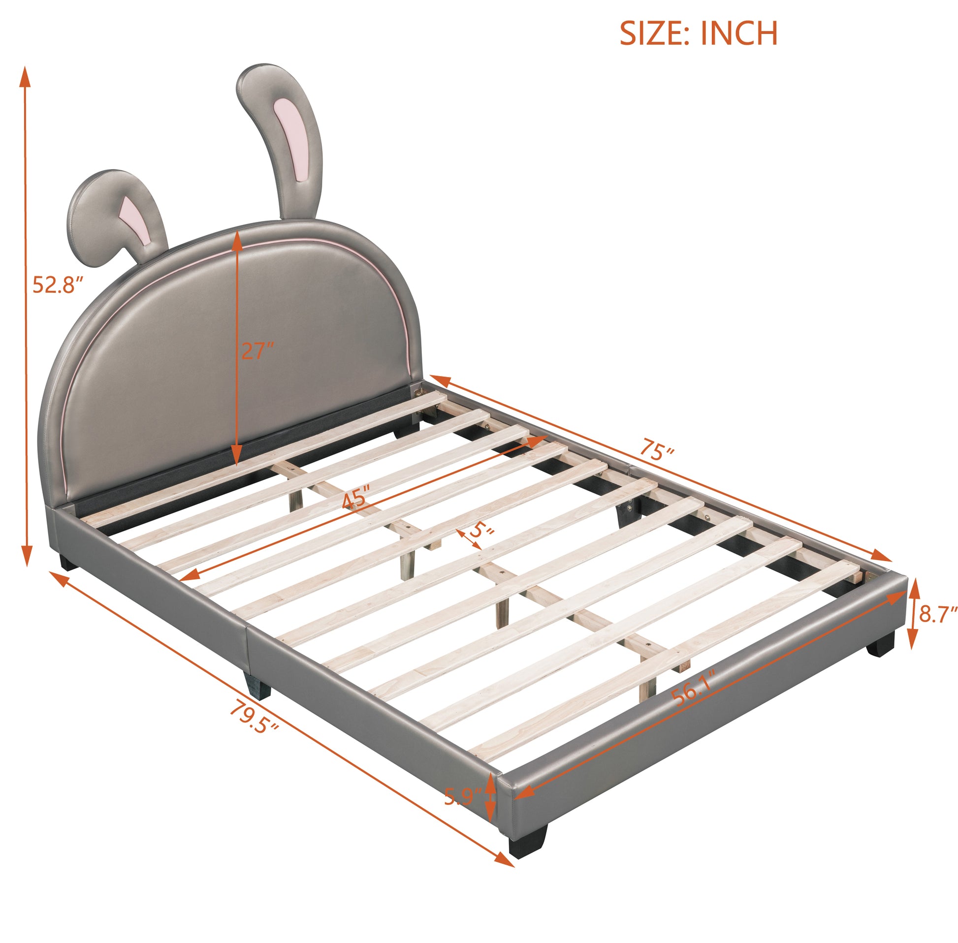 Full Size Upholstered Leather Platform Bed With Rabbit Ornament, Gray Gray Pu Leather