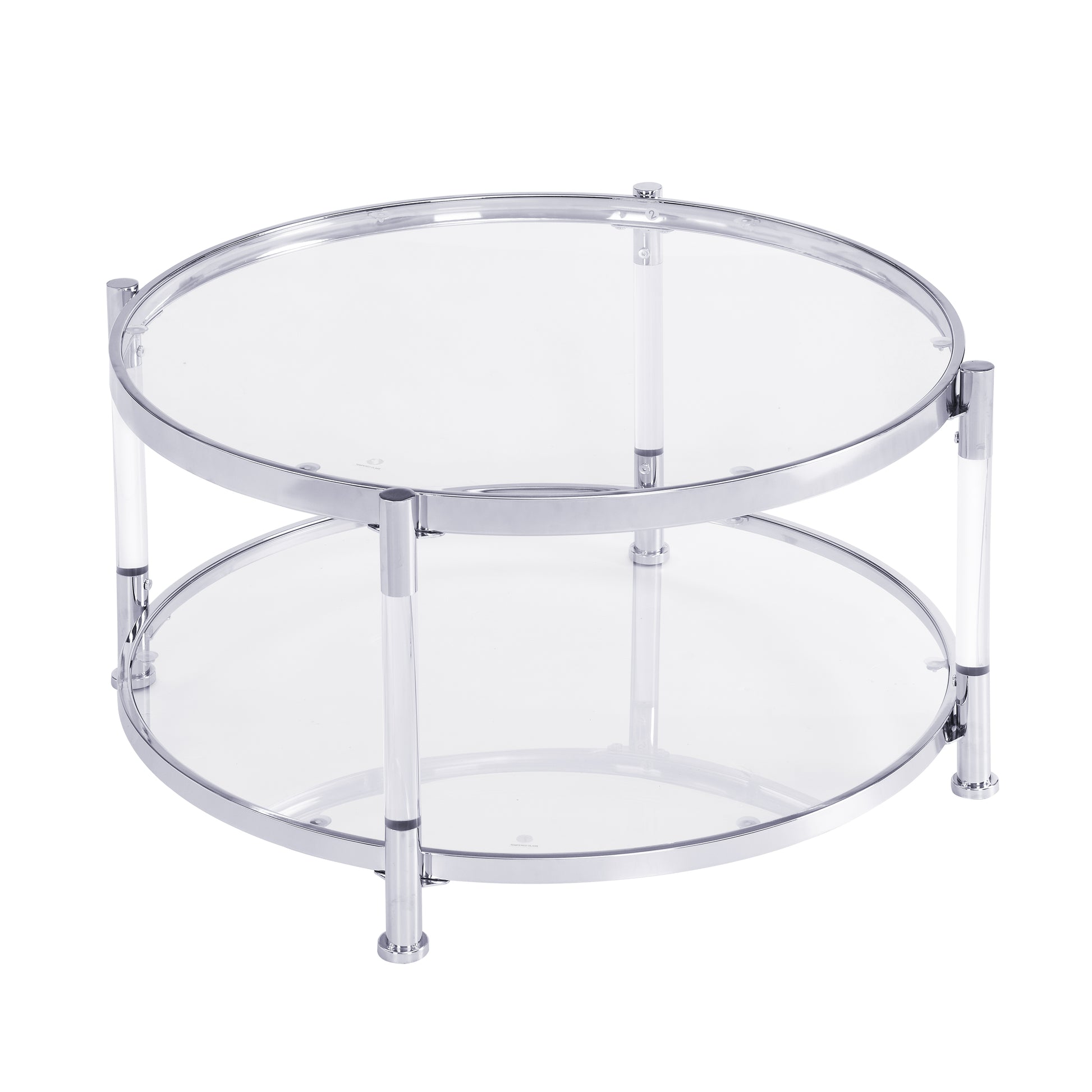 W82153572 Contemporary Acrylic Coffee Table, 32.3'' Round Tempered Glass Coffee Table, Chrome Silver Coffee Table For Living Room Chrome Glass Iron