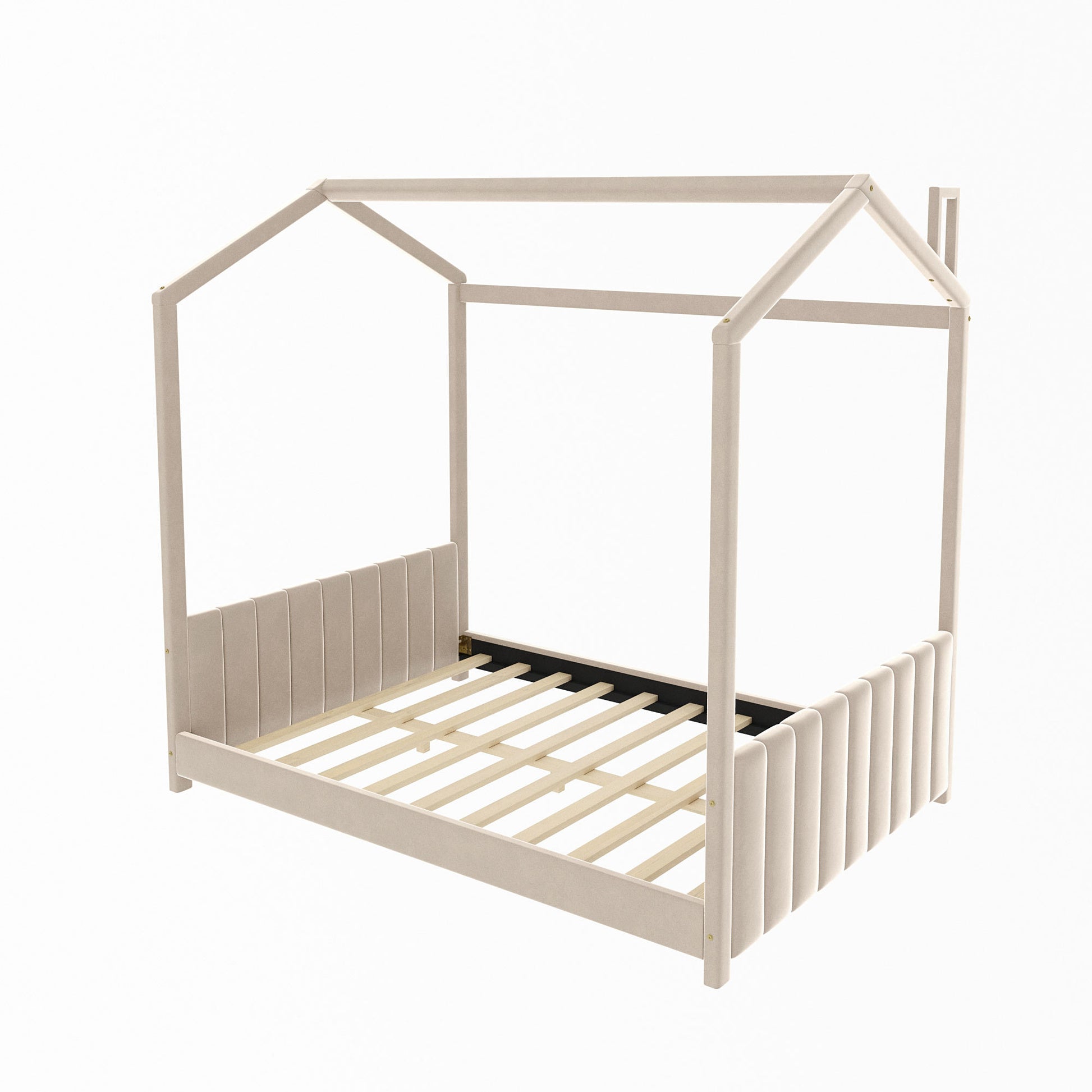 Full Size Velvet House Bed Wood Bed, Beige Beige Velvet