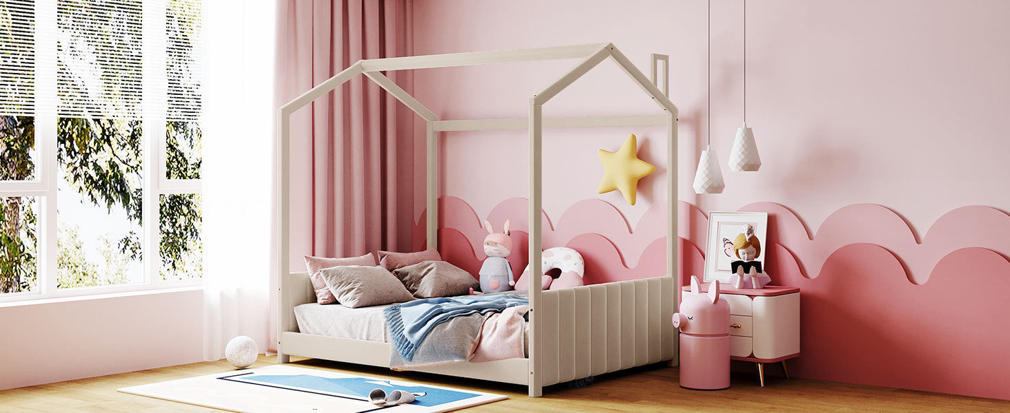 Full Size Velvet House Bed Wood Bed, Beige Beige Velvet