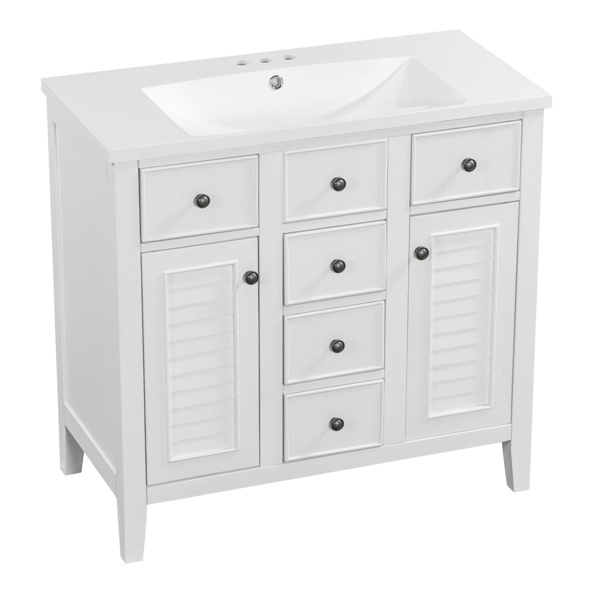 36" Bathroom Vanity With Ceramic Basin, Two Cabinets And Five Drawers, Solid Wood Frame, White Old Sku: Sy999202Aak 1 White Solid Wood Mdf