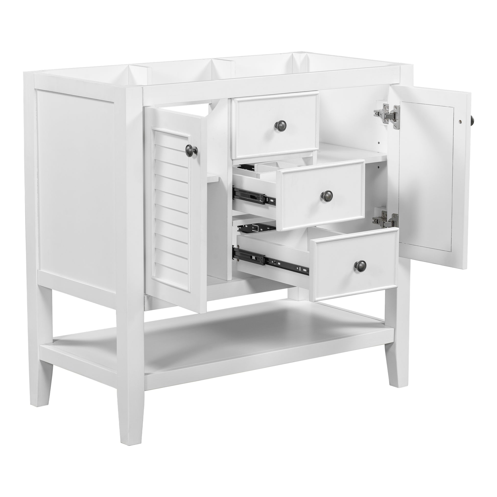 36" Bathroom Vanity Without Sink, Cabinet Base Only, Two Cabinets And Drawers, Open Shelf, Solid Wood Frame, White White Solid Wood Mdf